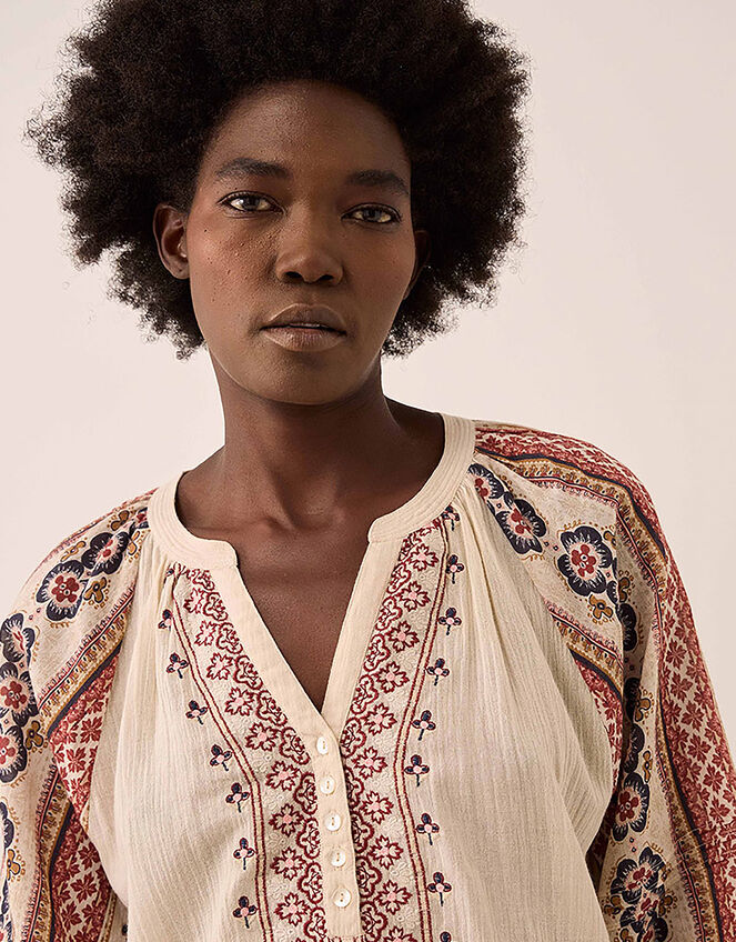 East Gabriette Geometric Print Embroidered Top, Ivory (IVORY), large