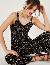 Dot Print Shirred Jumpsuit in LENZING™ ECOVERO™, Black (BLACK), large