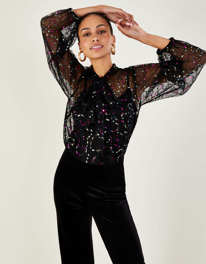 Daria Embellished Pussybow Blouse in Recycled Polyester Black | Blouses ...