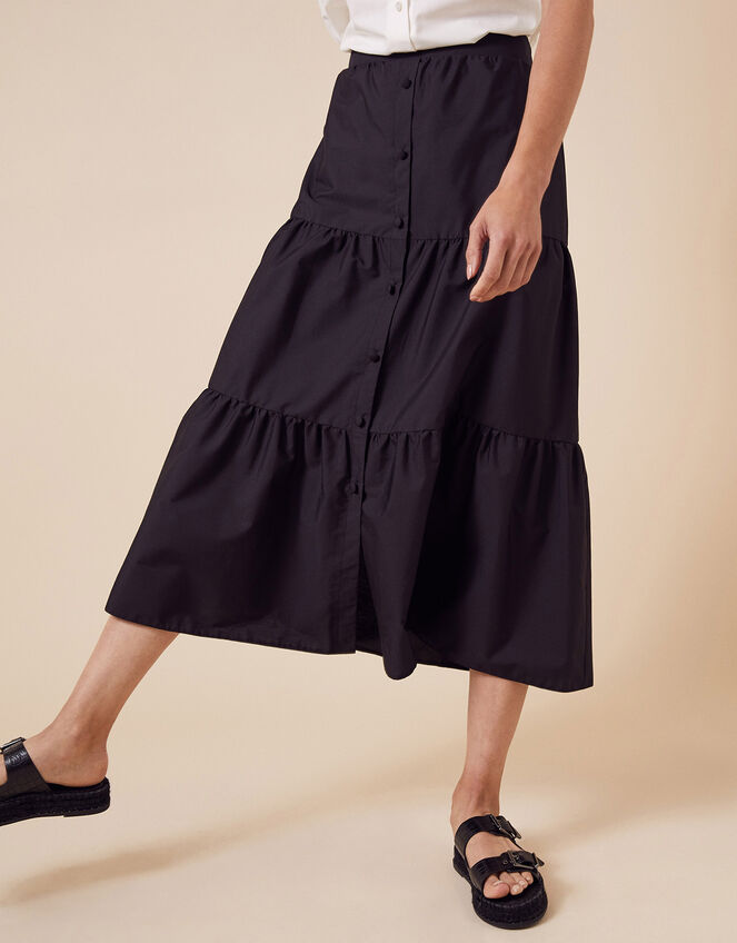 Poplin Tiered Midi Skirt, Black (BLACK), large