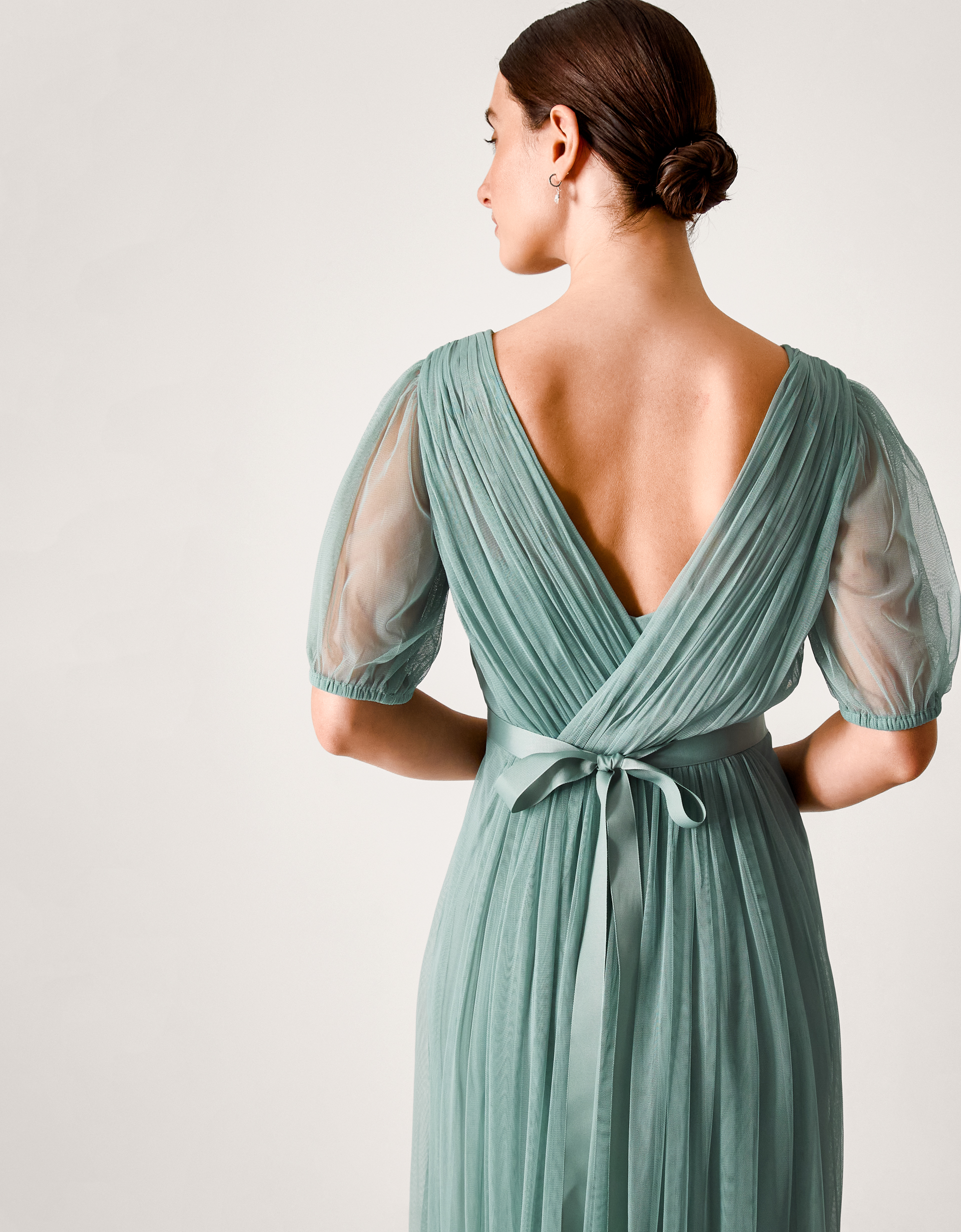 Monsoon Ellie Sheer Sleeve Plunge Tulle Maxi Dress in Green, view 4
