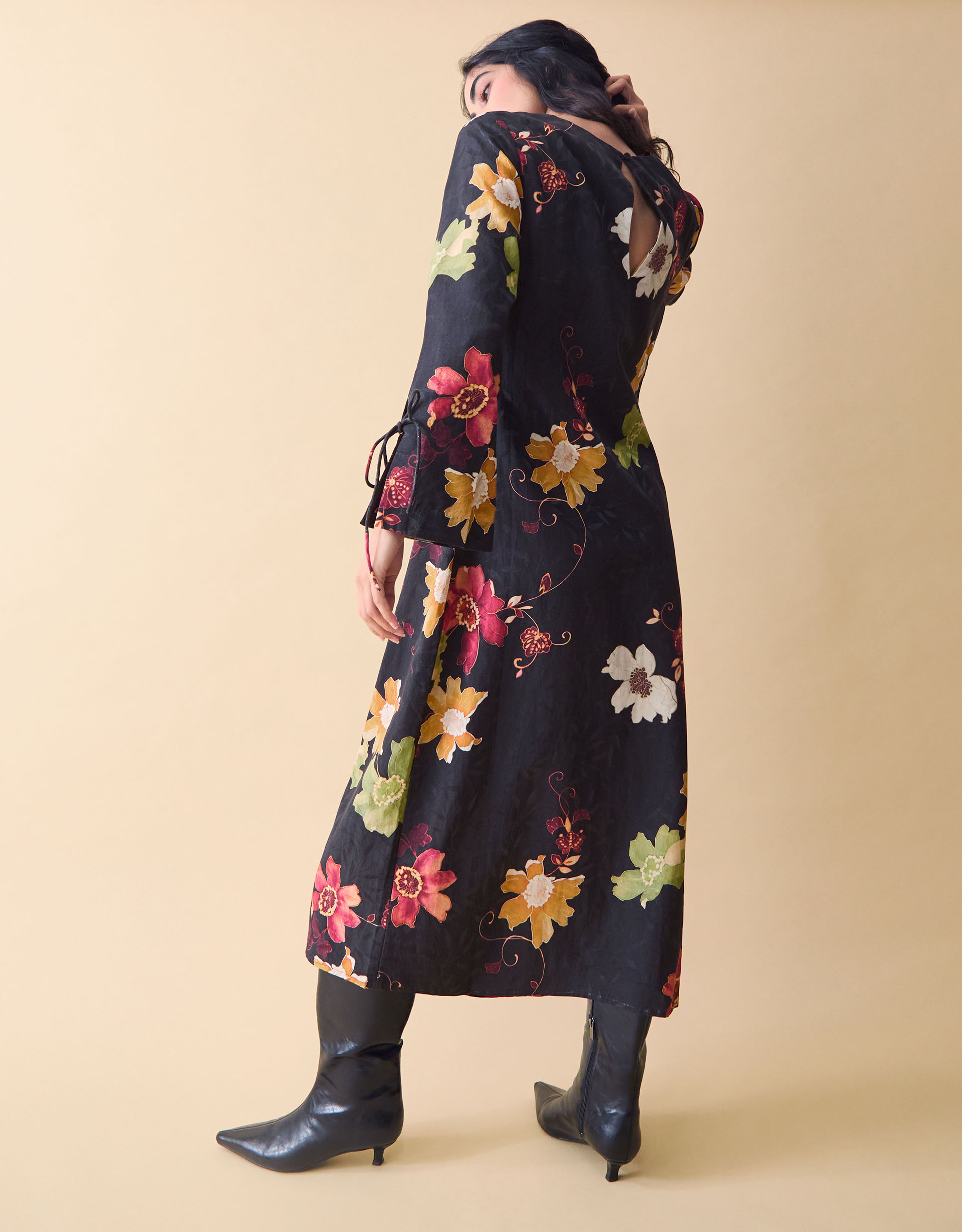 Monsoon Clemence Women's Black & Pink Cotton Floral Print Camille Jacquard Midi Dress, view 3