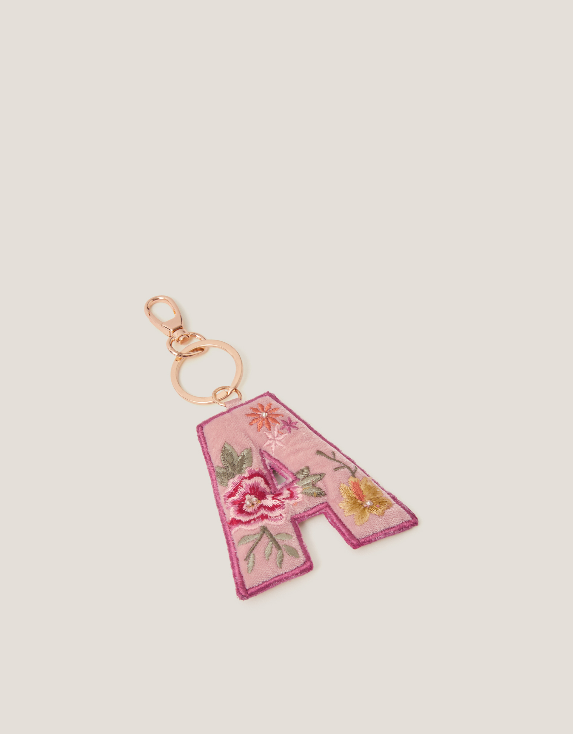 Monsoon Floral Embroidered Initial Keyring in Pink, view 3