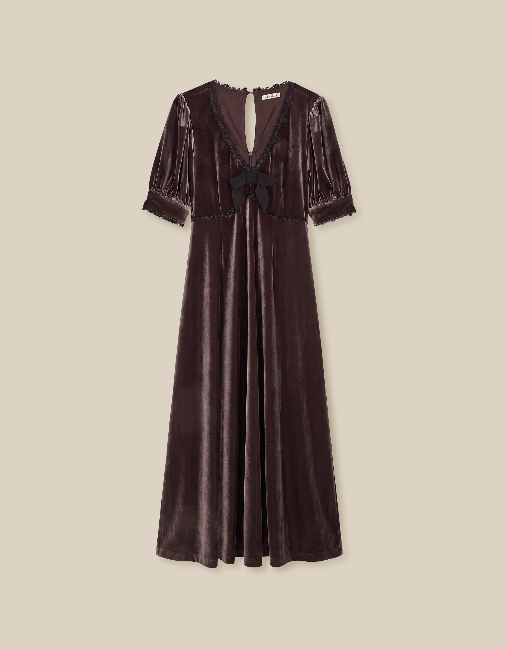 Monsoon Vera V-Neck Velvet Midi Dress in Brown, view 5