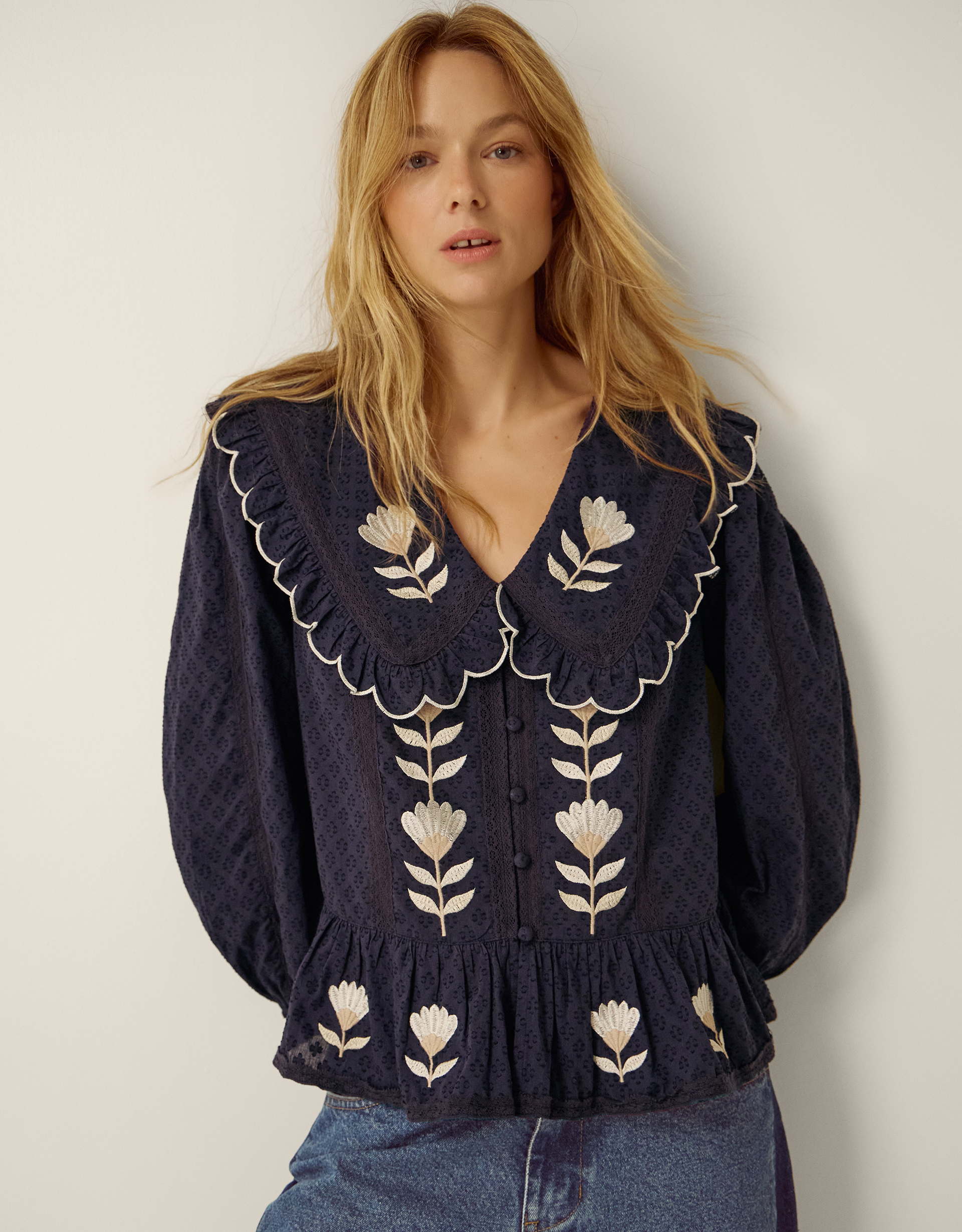 Monsoon Talia Tulip Embroidered Scallop Collar Top Blue