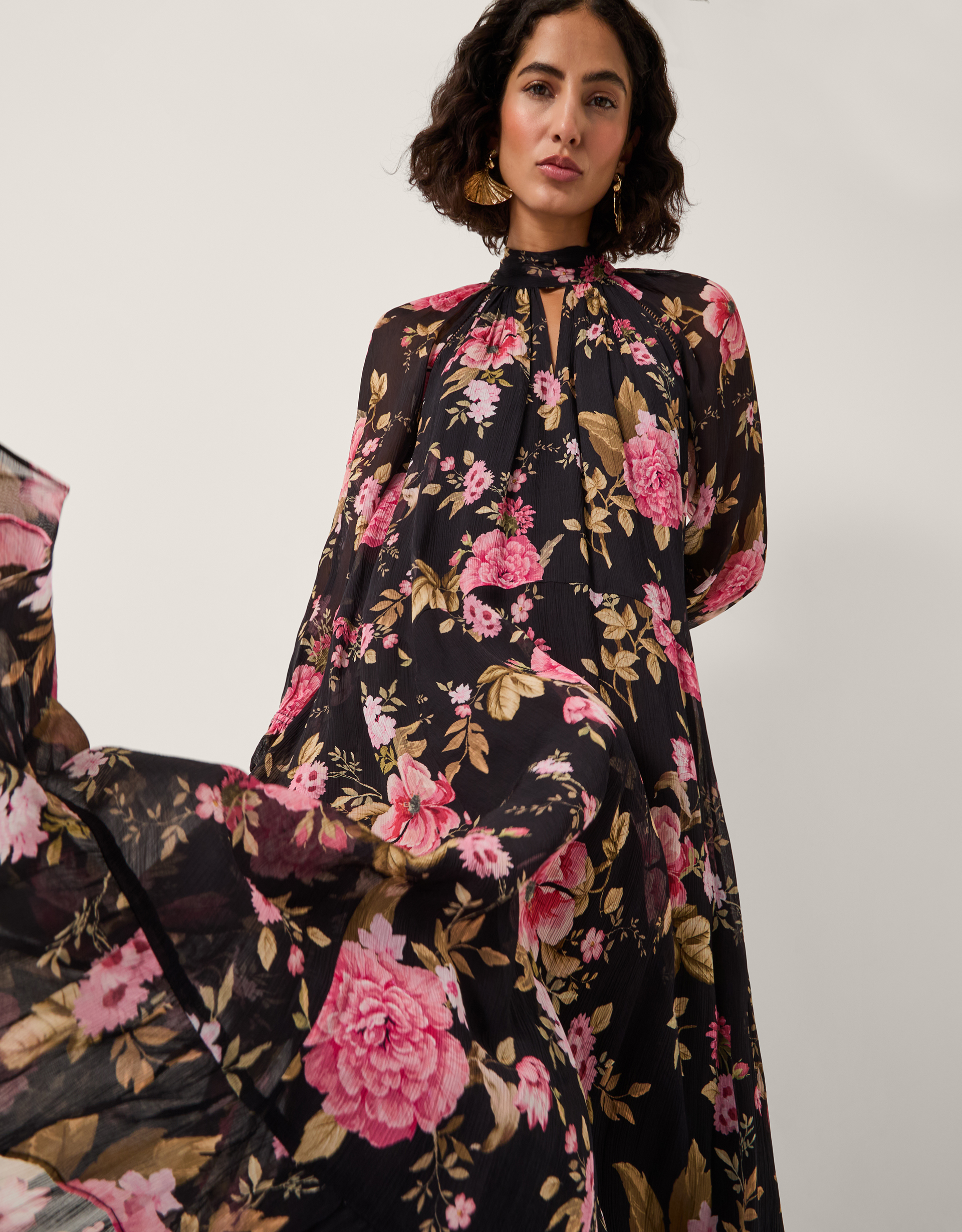 Monsoon Black & Pink Floral Print Mariel Trapeze Midi Dress