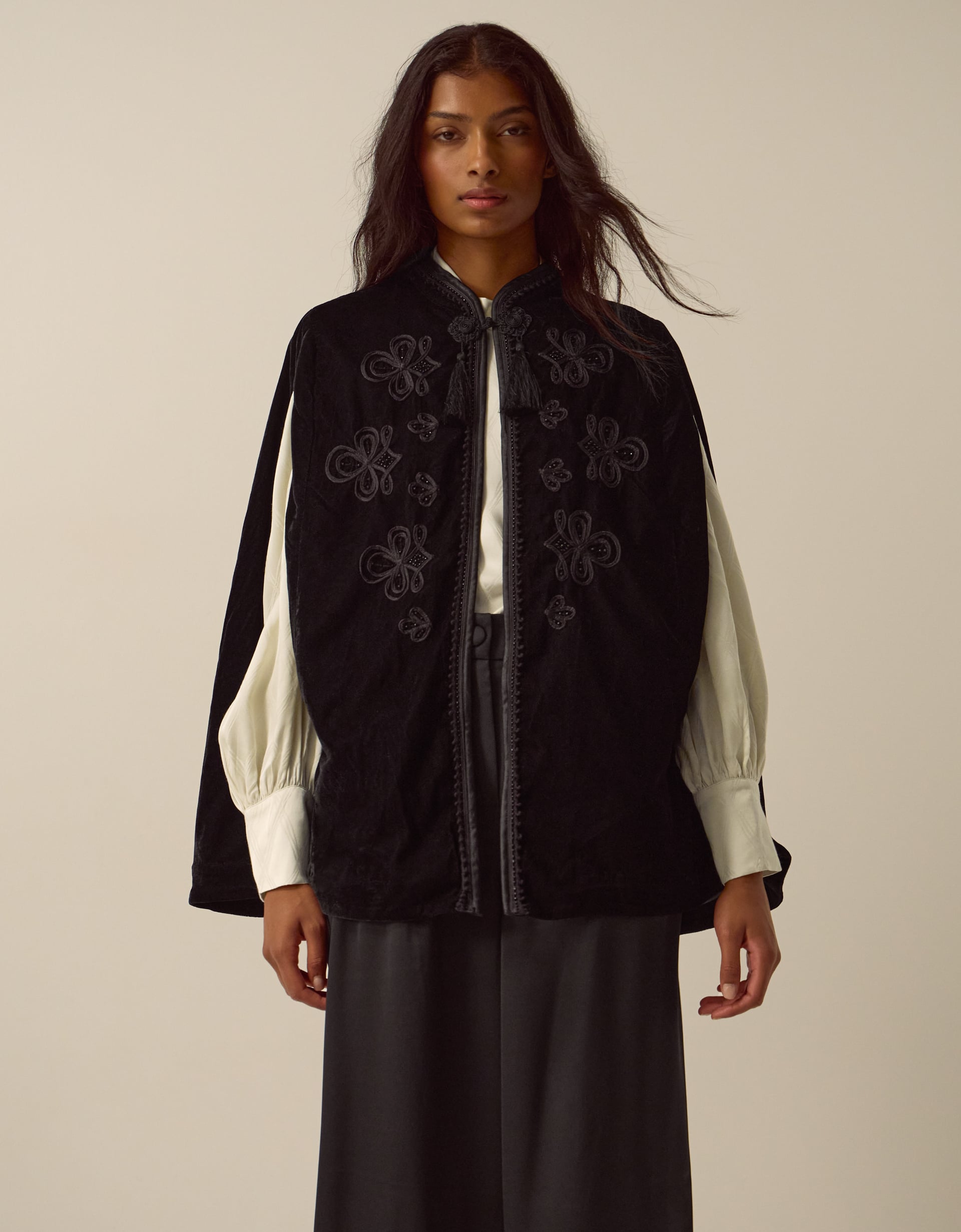 Monsoon Fenya Velvet Cape Coat in black