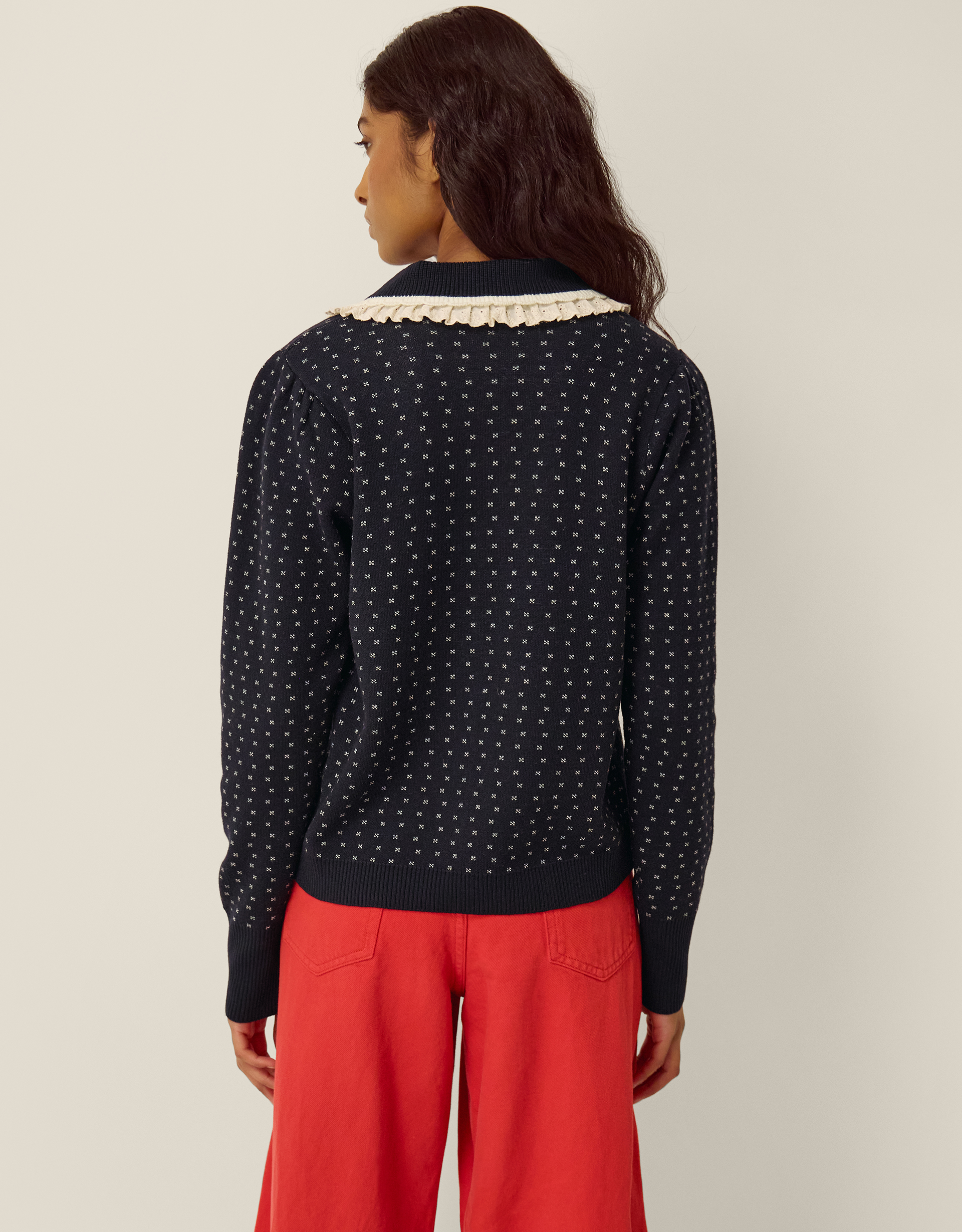 Monsoon Camila Broderie Collar Cardigan, view 3