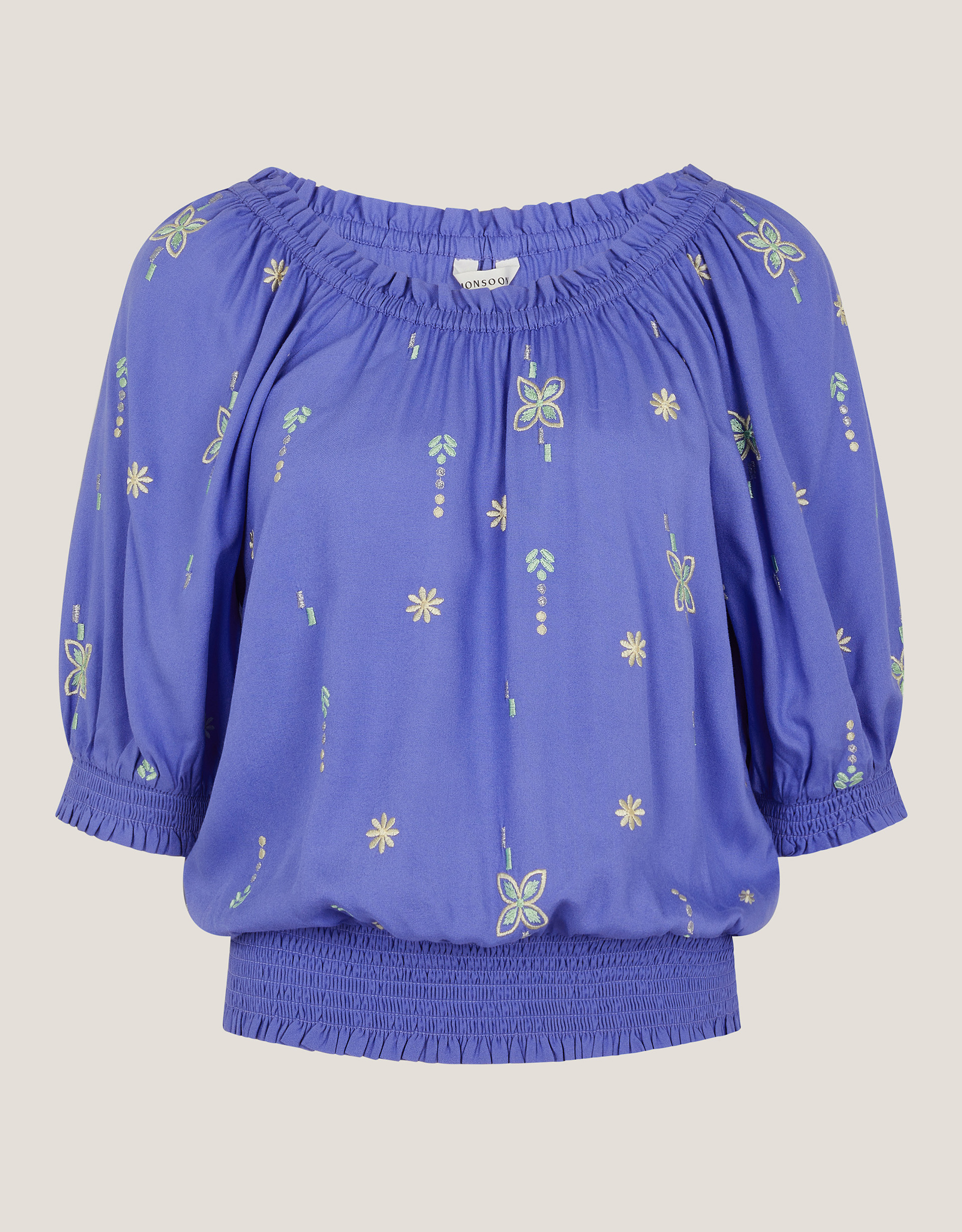 Monsoon Blue Embroidered Emily Puff Sleeve Top, view 5