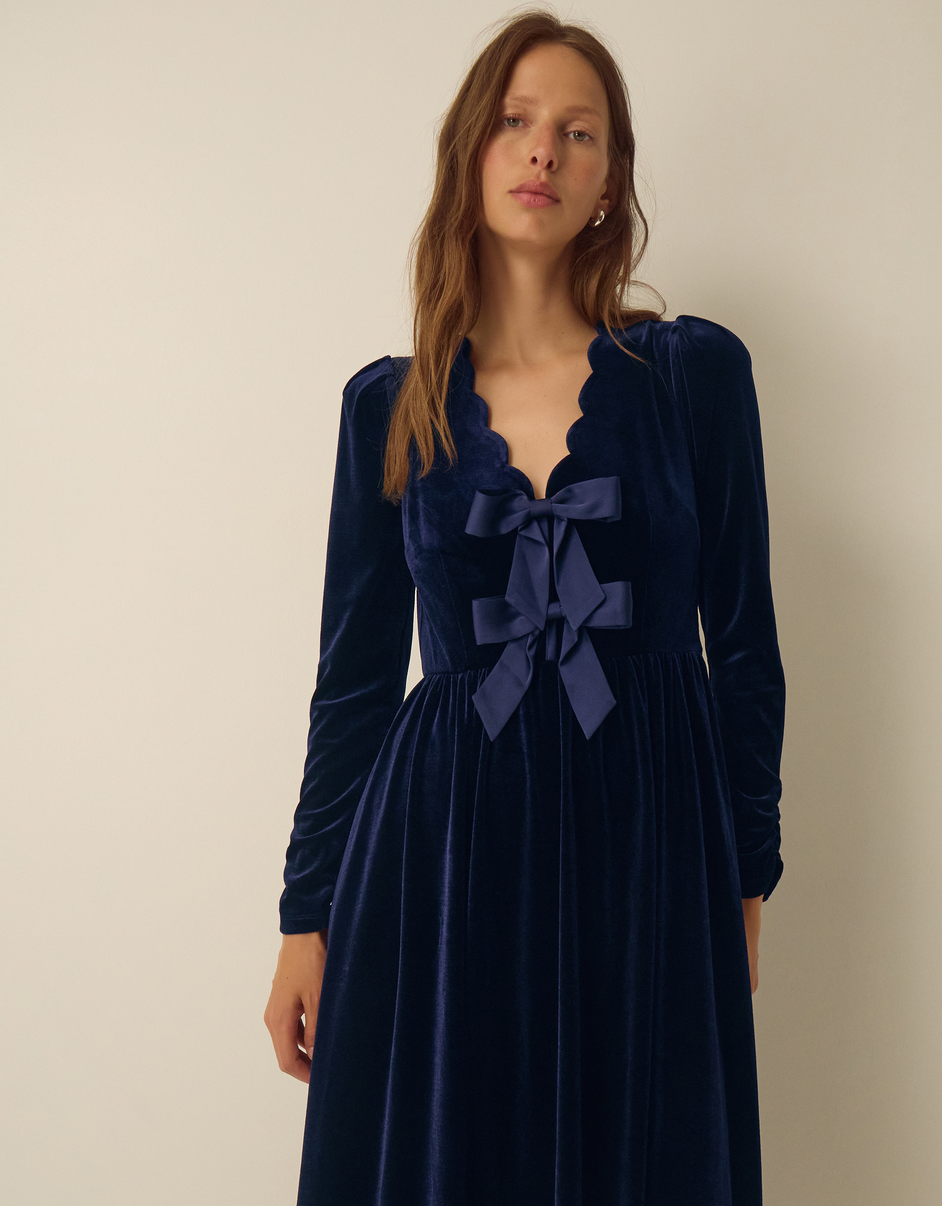 Monsoon Britney V-Neck Bow Velvet Midi Dress Blue, view 2
