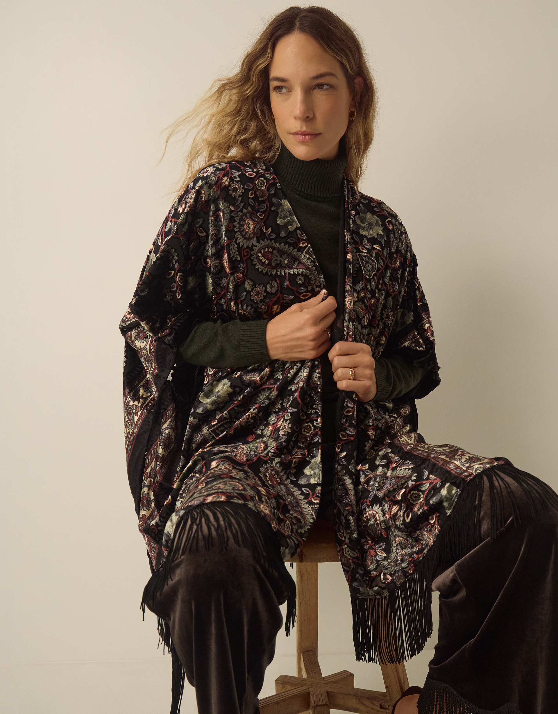 Monsoon Regan Paisley Devoré Fringe Poncho, view 5