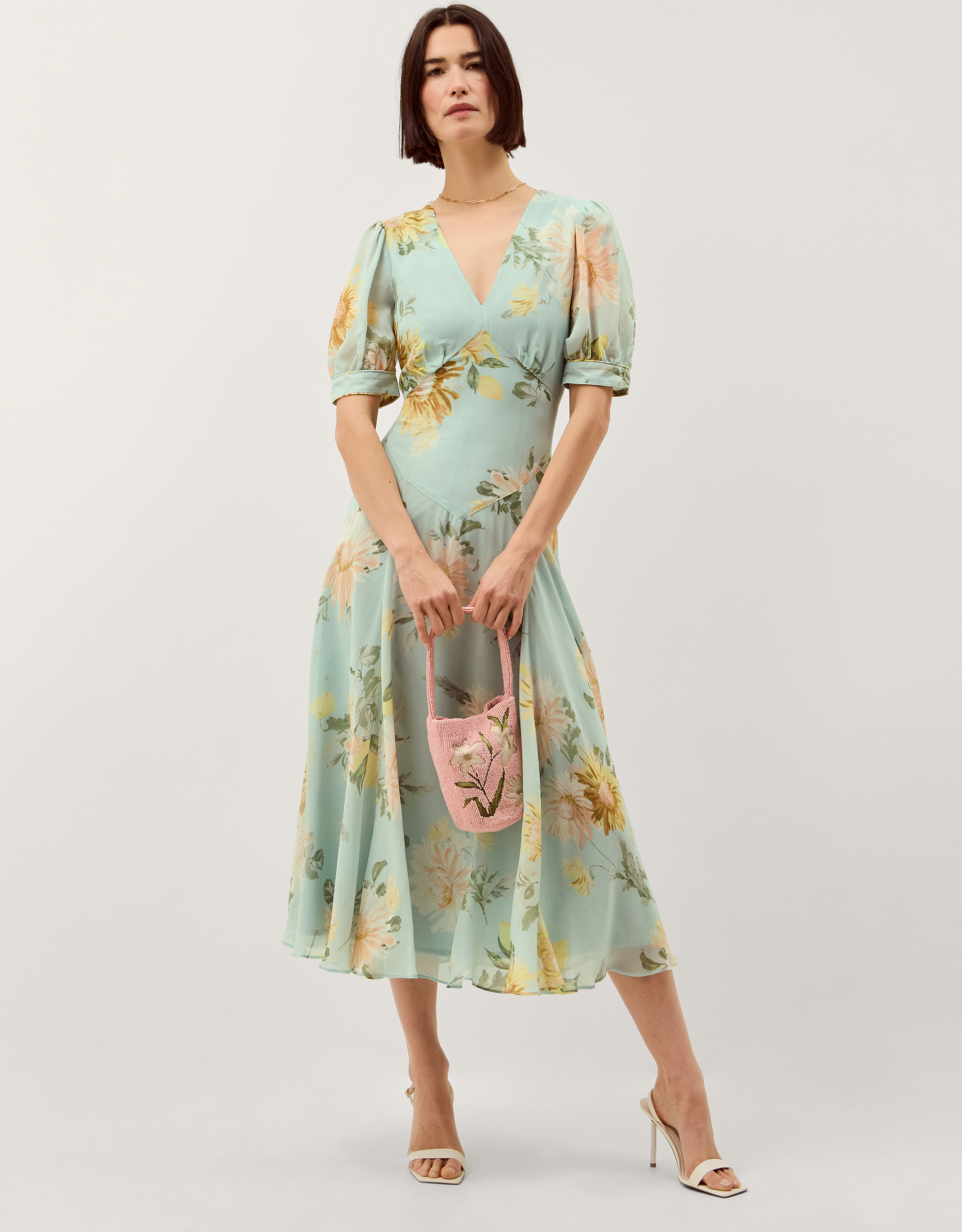 Monsoon Carris Puff Sleeve Floral Midi Dress