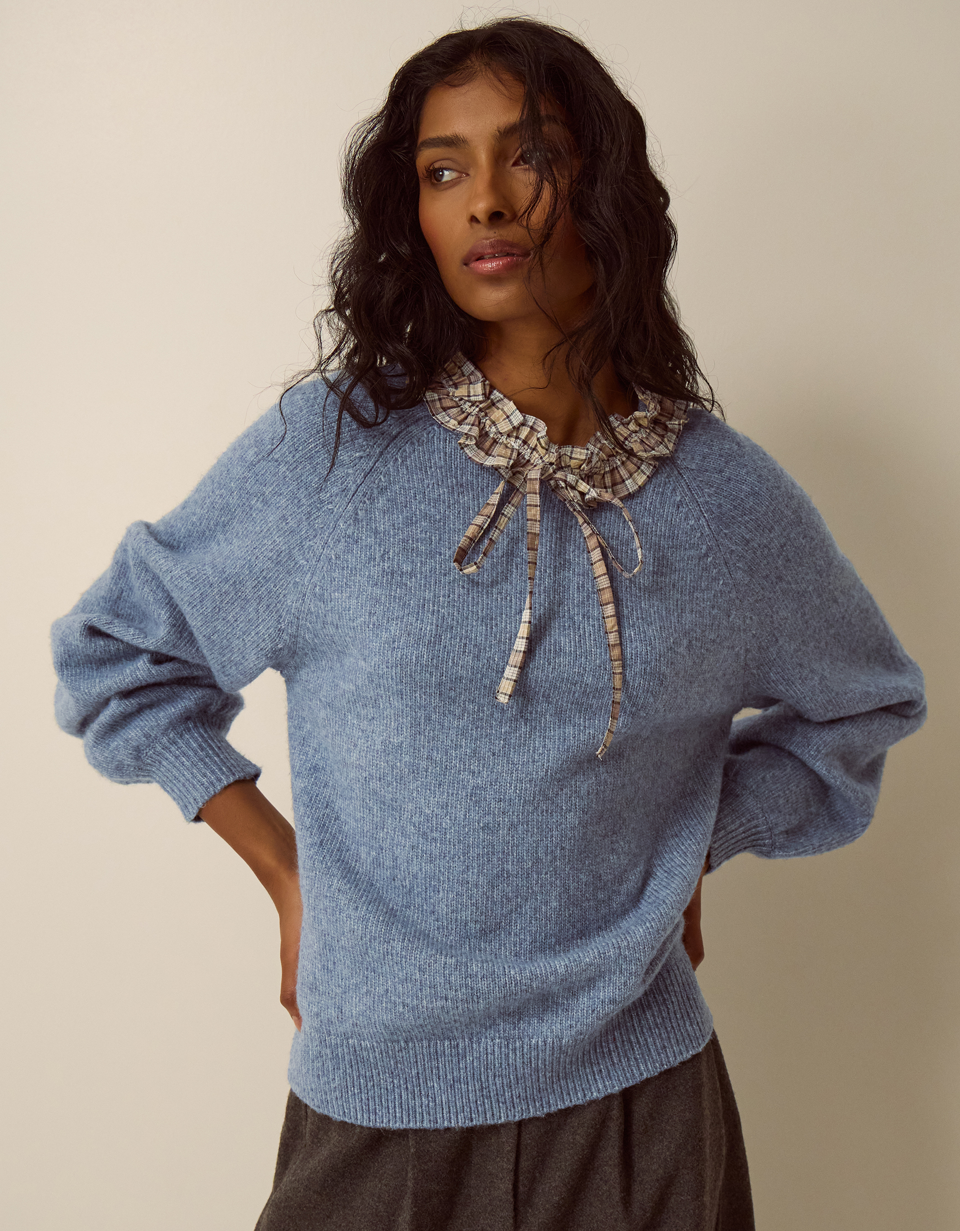 Monsoon Corie Check Ruffle Collar Jumper, view 4