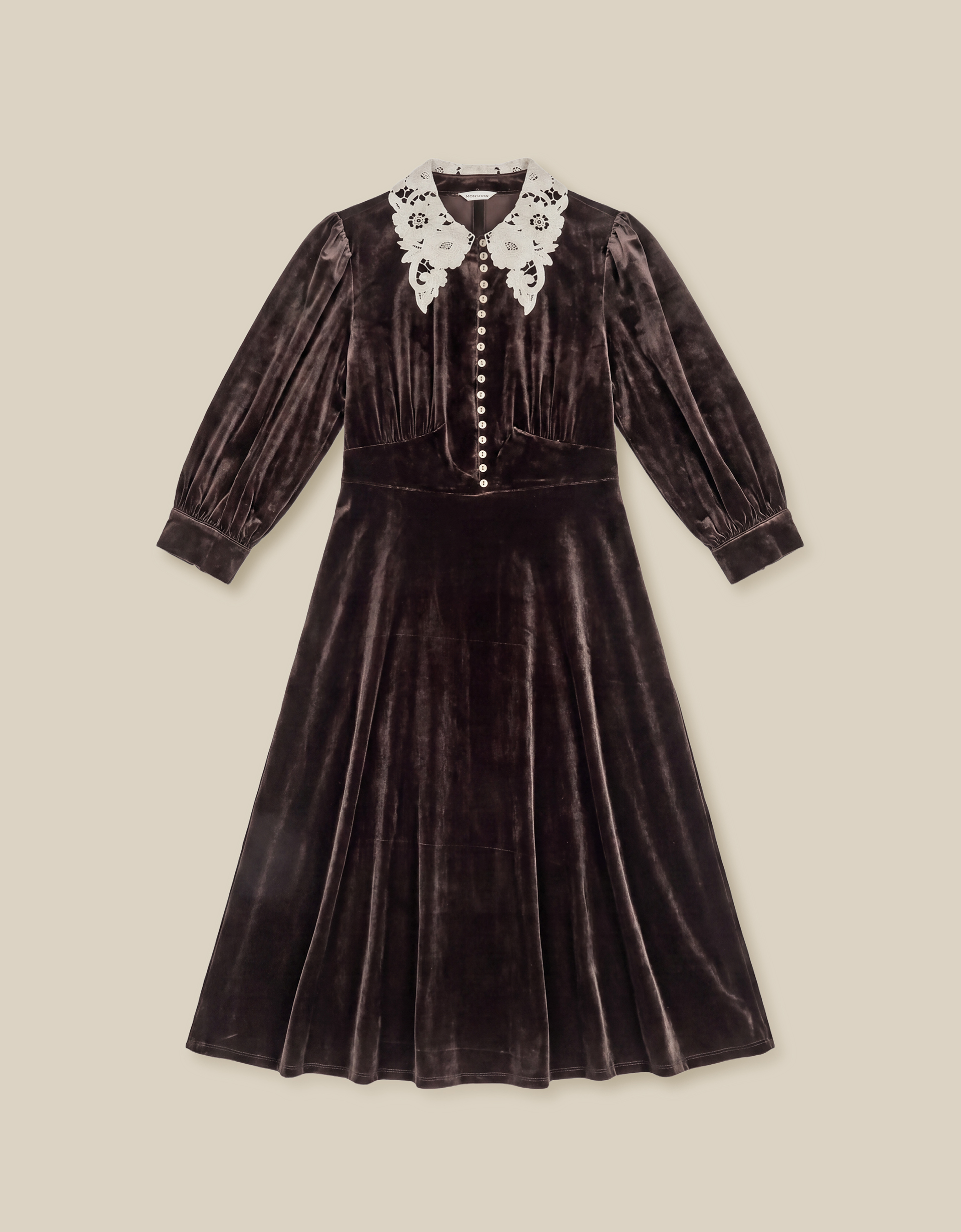 Monsoon Leith Lace Collar Velvet Midi Dress, view 5
