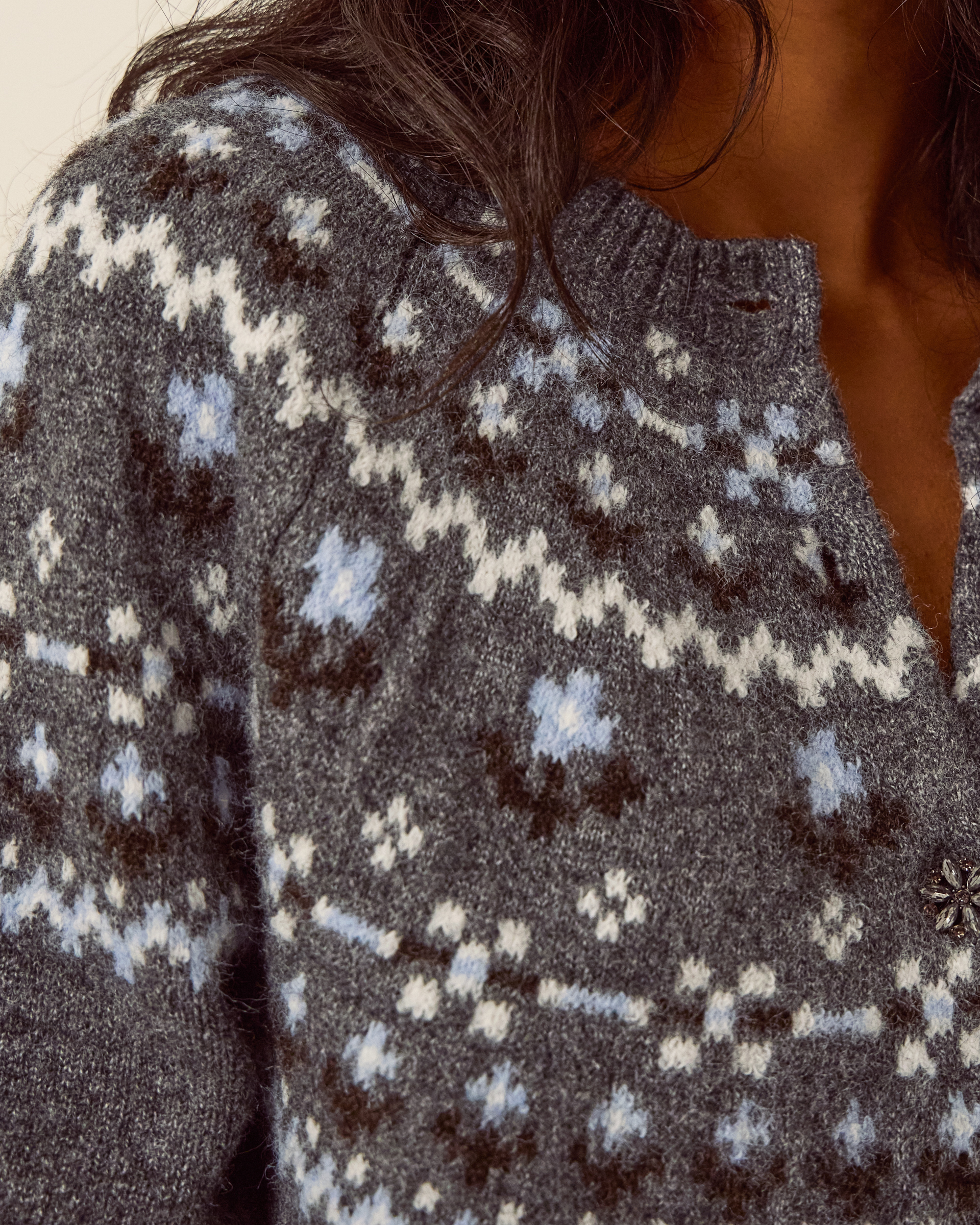 Monsoon Fleur Floral Fair Isle Crew Neck Cardigan, view 2