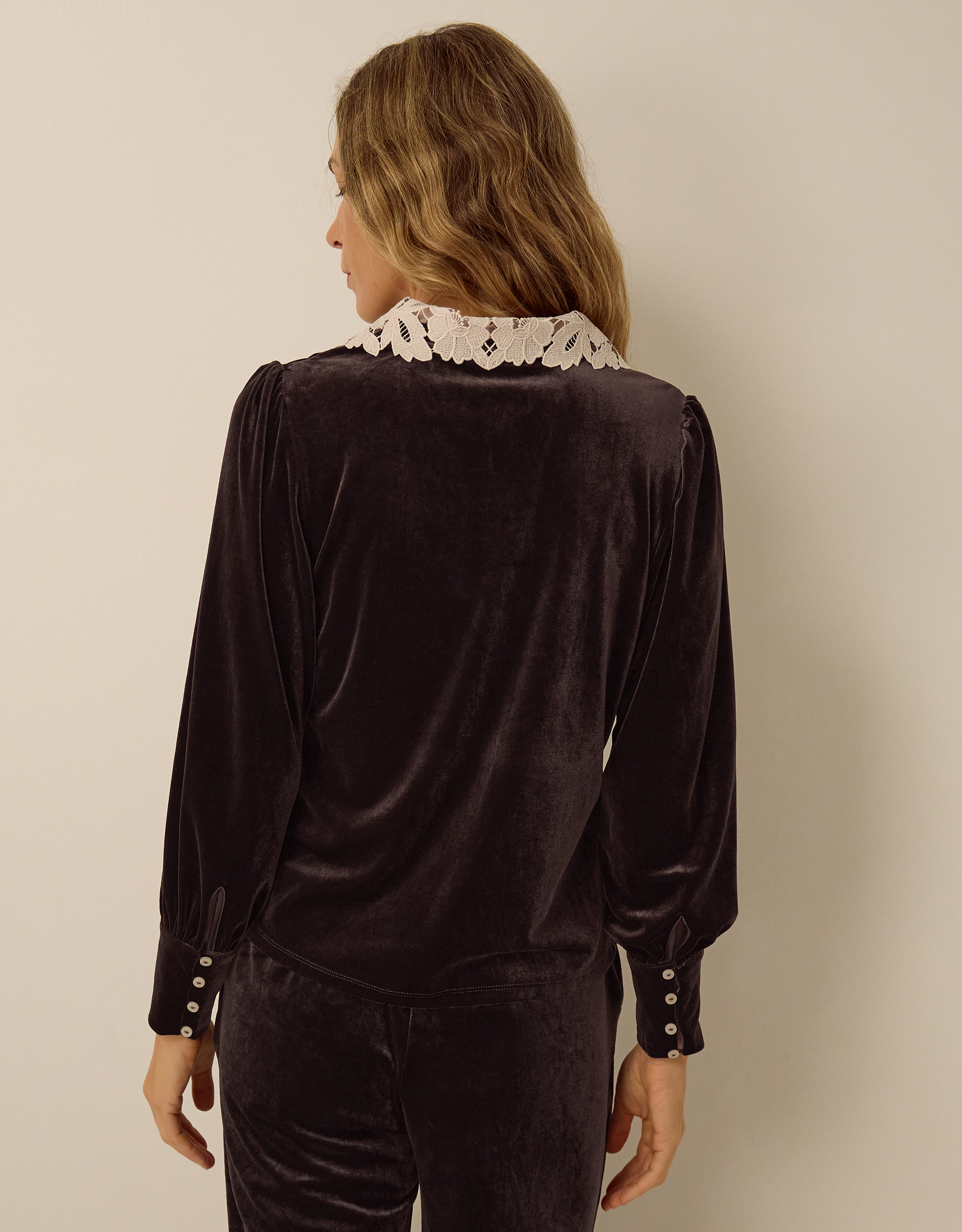 Monsoon Leith Lace Collar Velvet Shirt, view 3