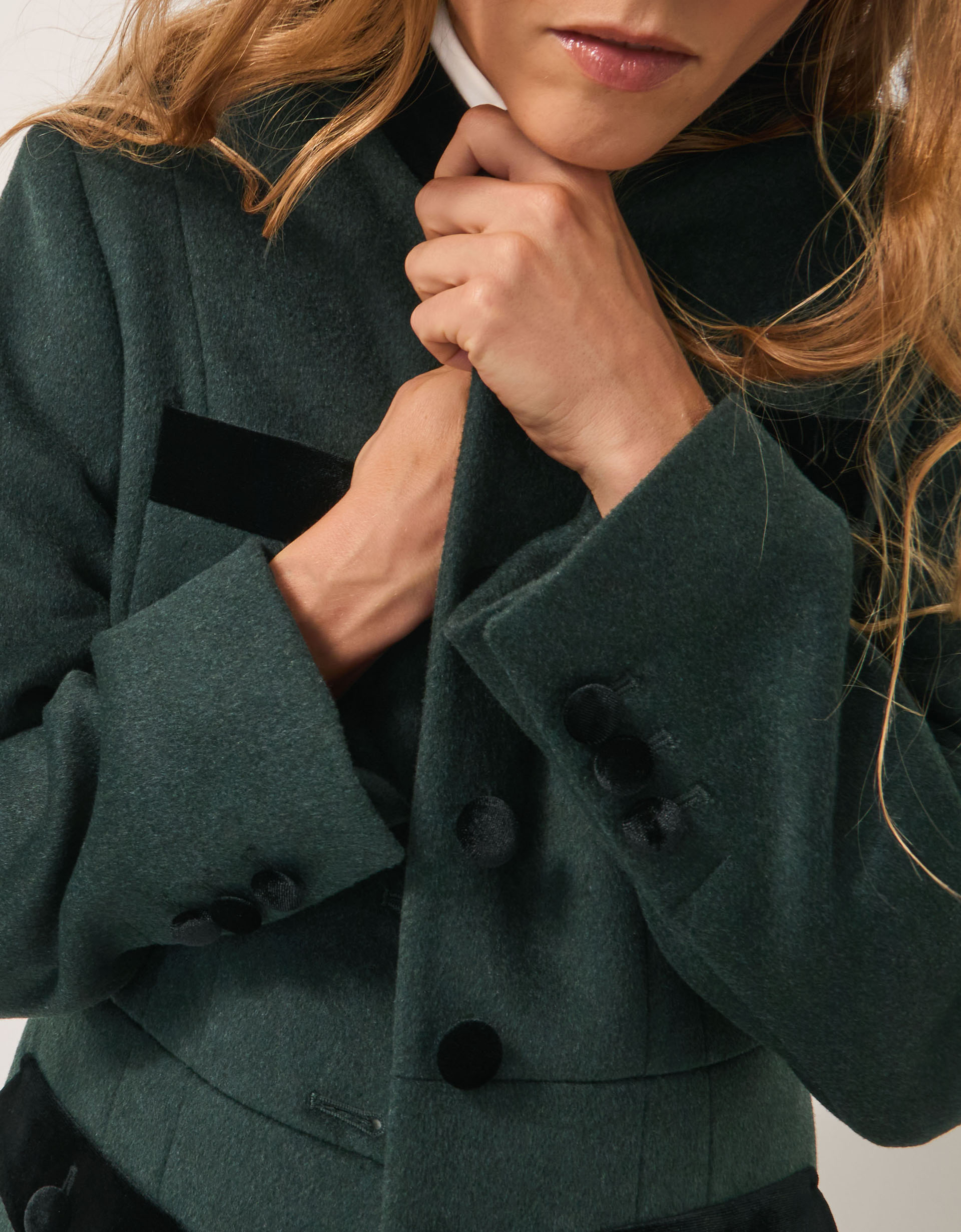 Monsoon Viv Velvet Trim Military Coat in Green, view 2
