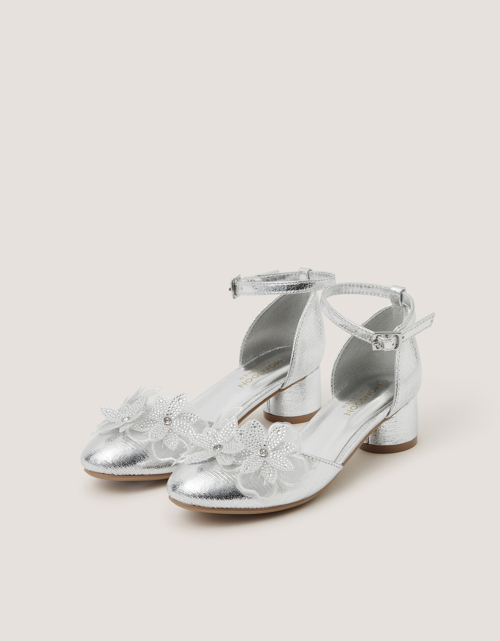 Monsoon Closed-Toe Diamanté Flower Heels in Silver