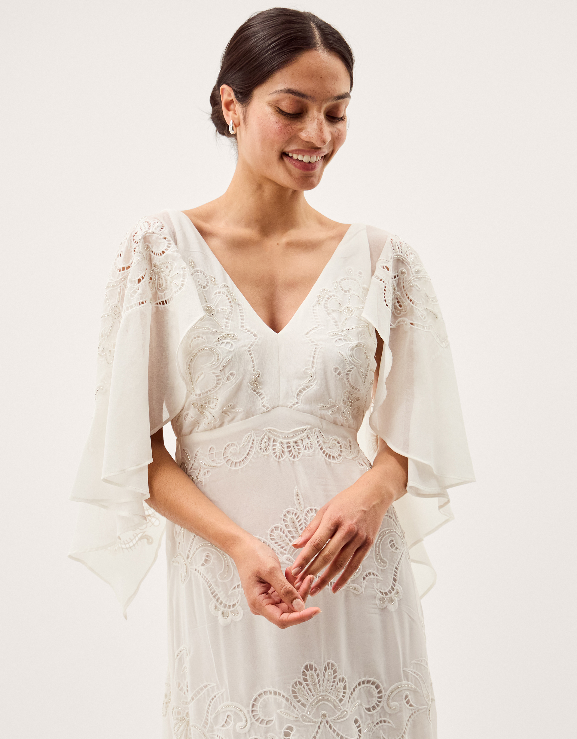 Monsoon Cream Embellished Cali Cape Sleeve Wedding Dress, view 4