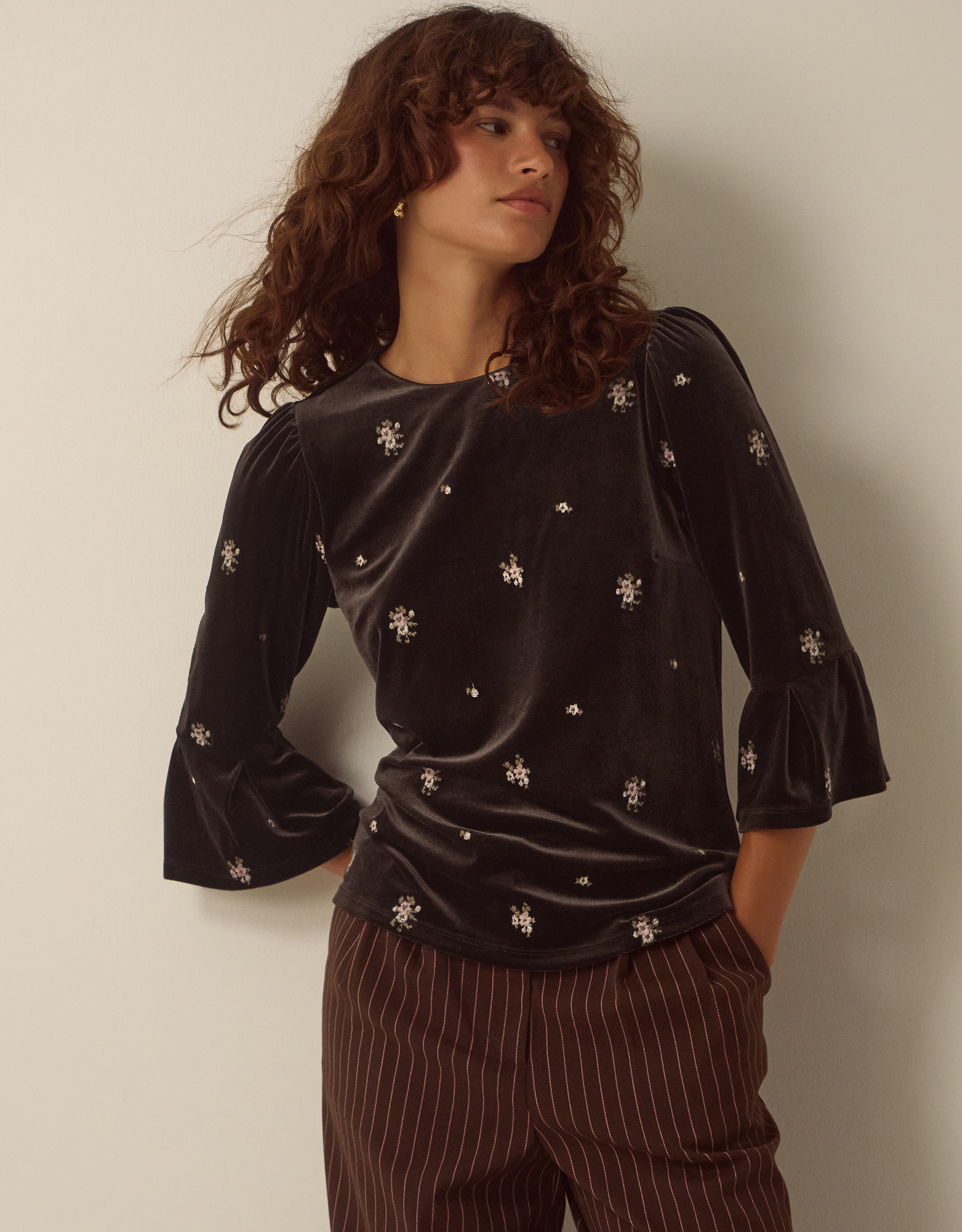 Monsoon Emilee Flute Sleeve Embroidered Velvet Top