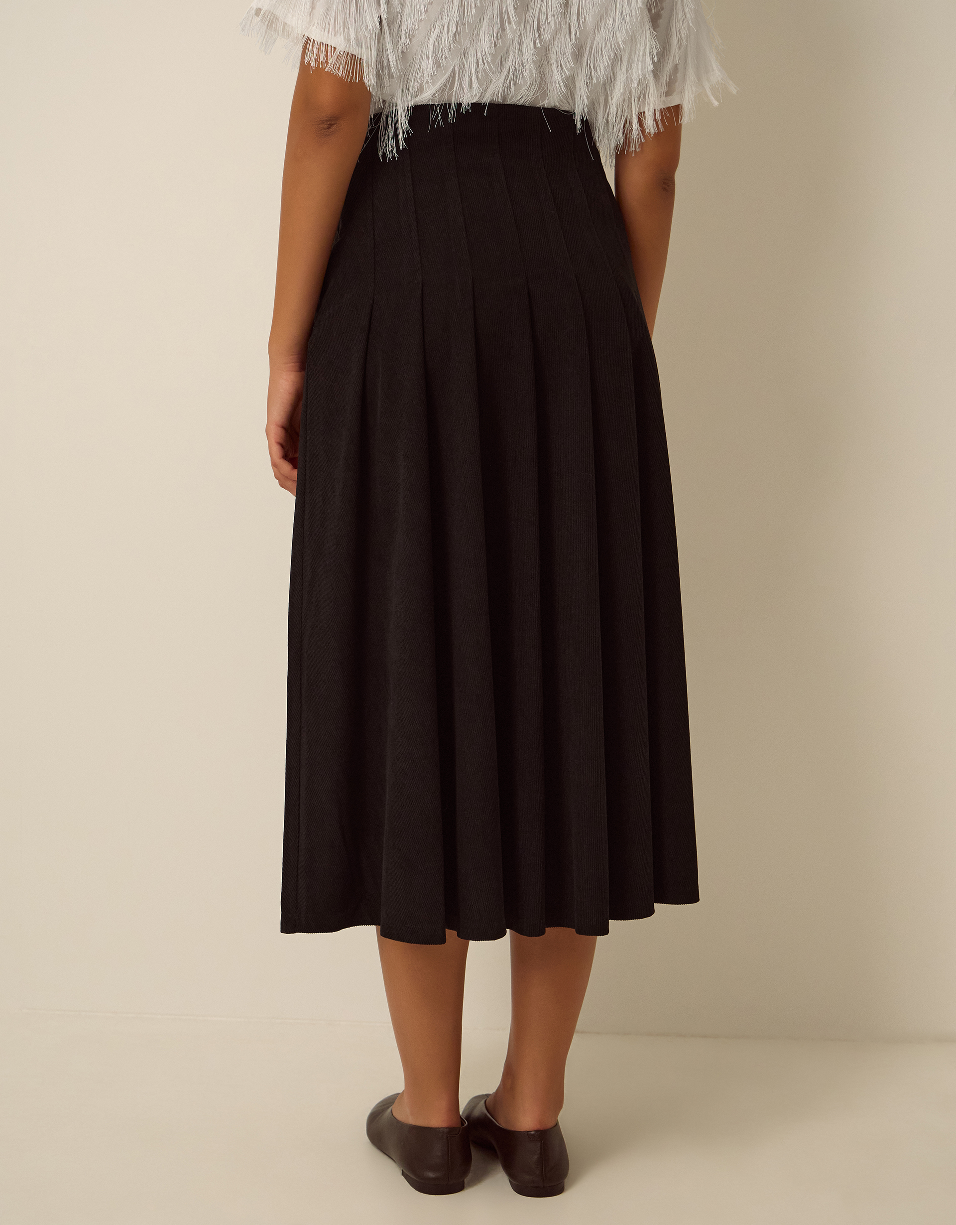 Monsoon Sonja Pleated Corduroy Midi Skirt in Black, view 3