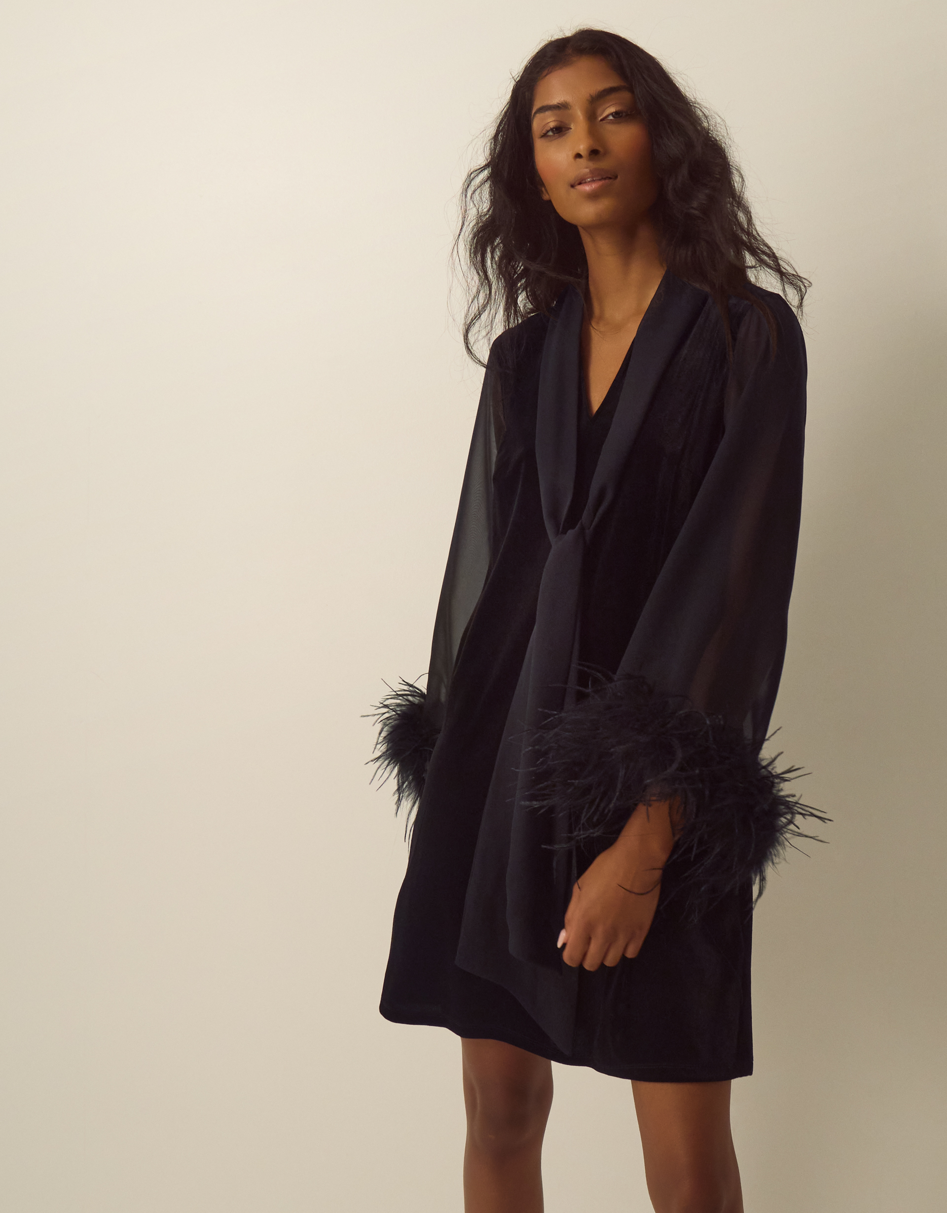 Monsoon Sadie V-Neck Faux Feather Velvet Mini Dress