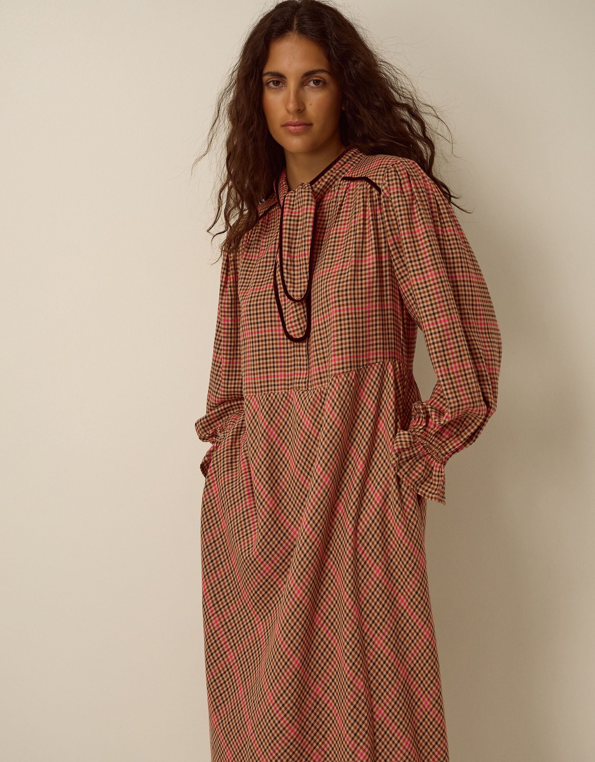 Monsoon Shelly Neck Tie Check Midi Dress, view 5