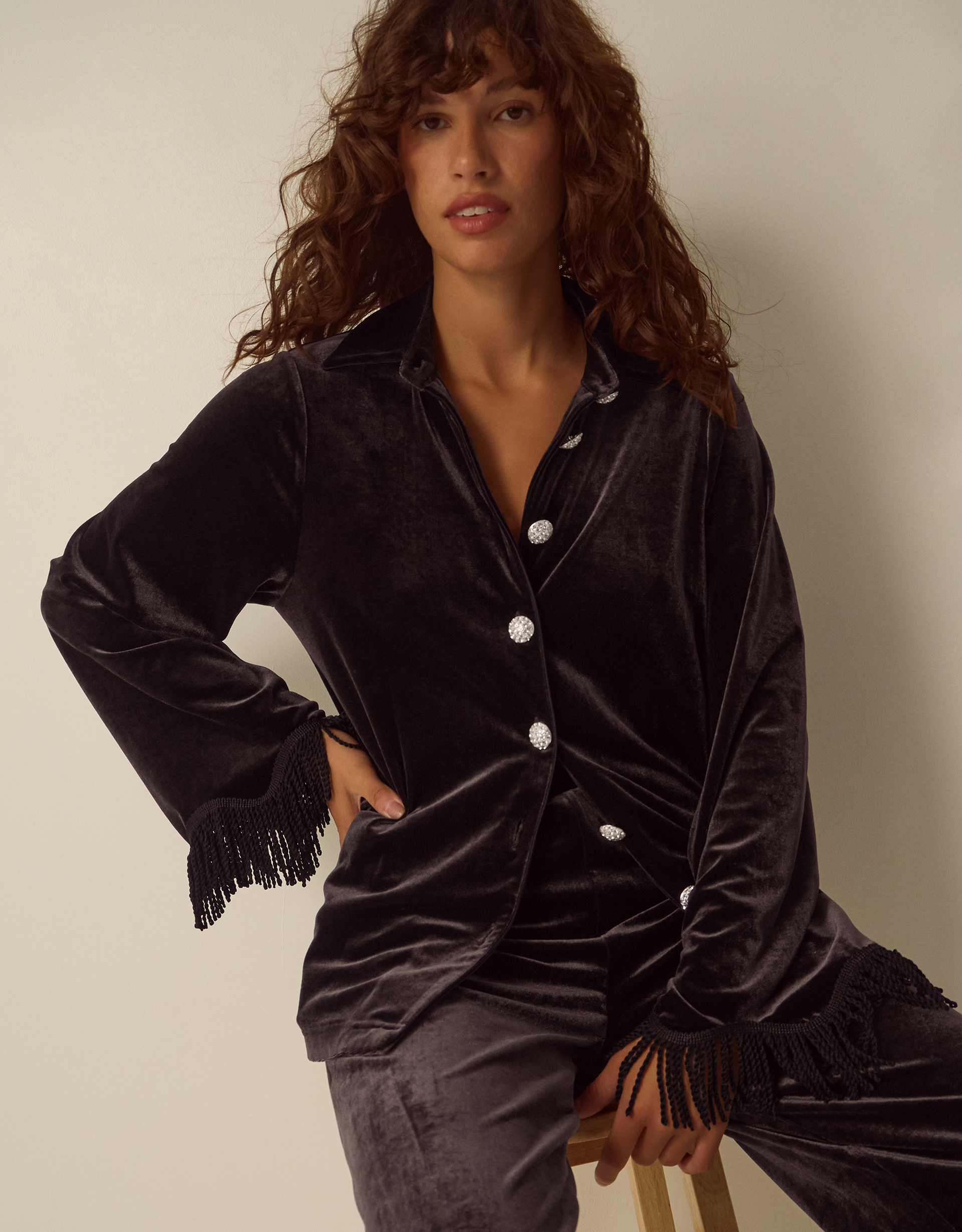 Monsoon Tami Fringe Cuff Velvet Shirt, view 4