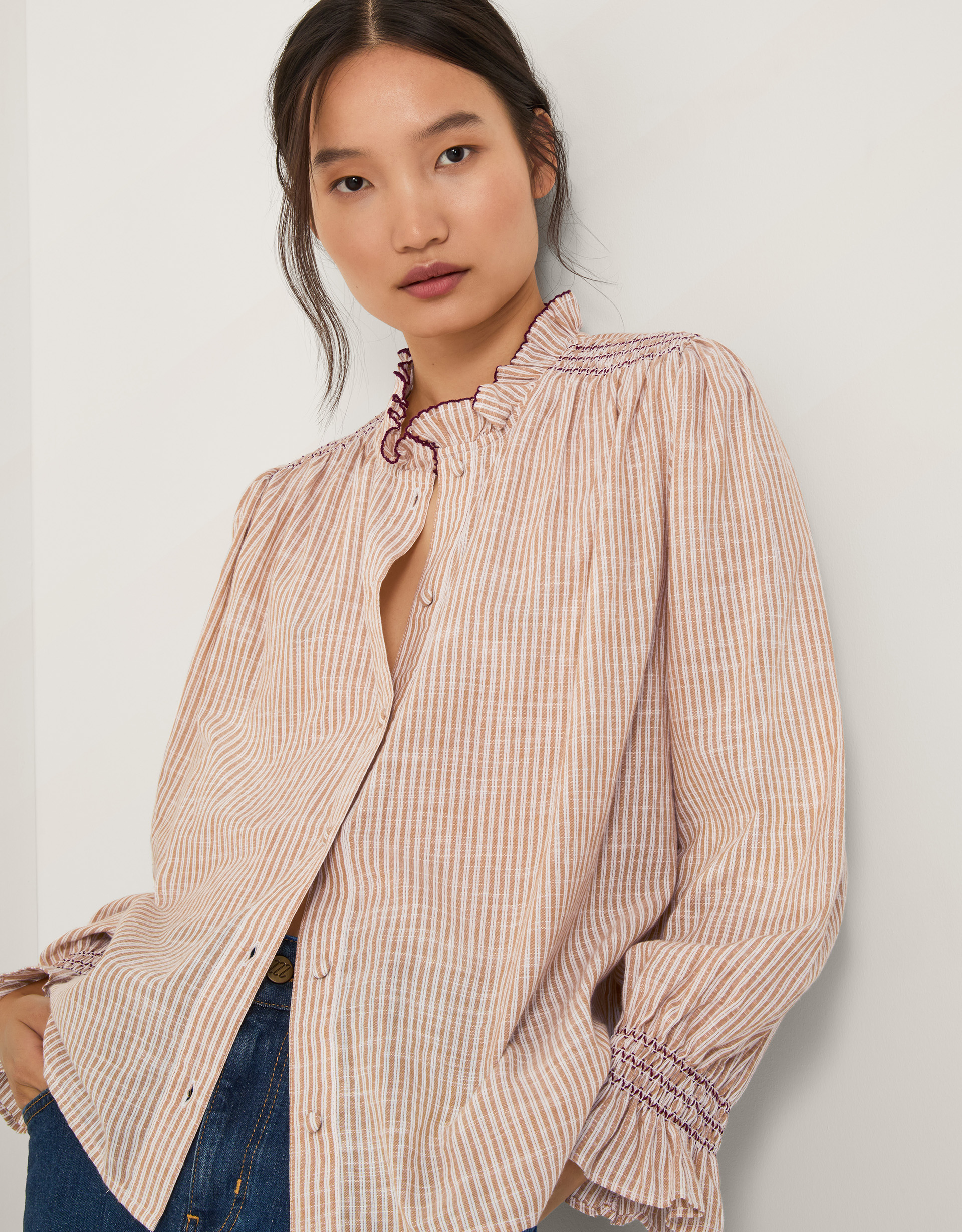 Monsoon Maeve Ruffle Stripe Shirt in Camel