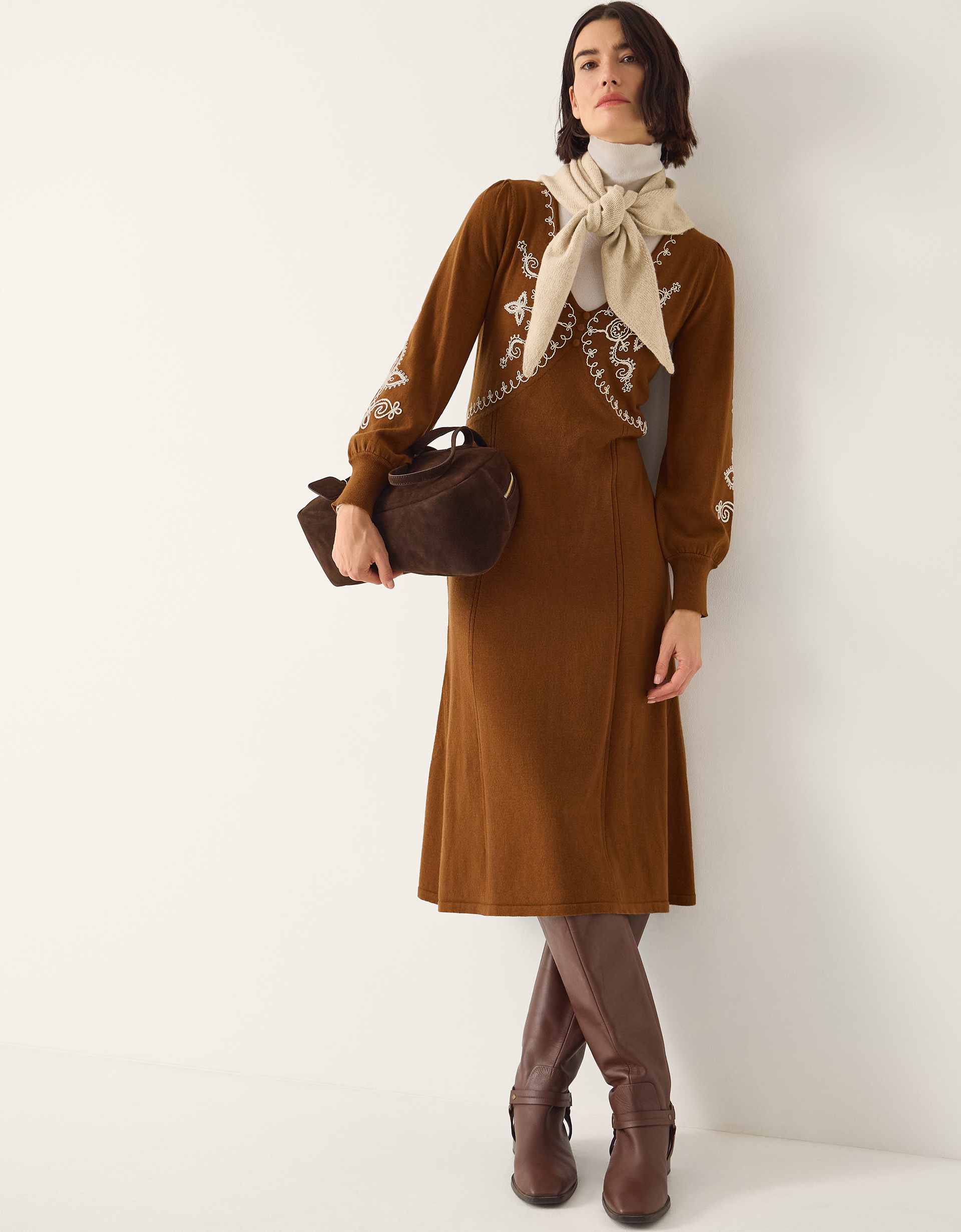 Monsoon Cleo V-Neck Embroidered Knit Midi Dress