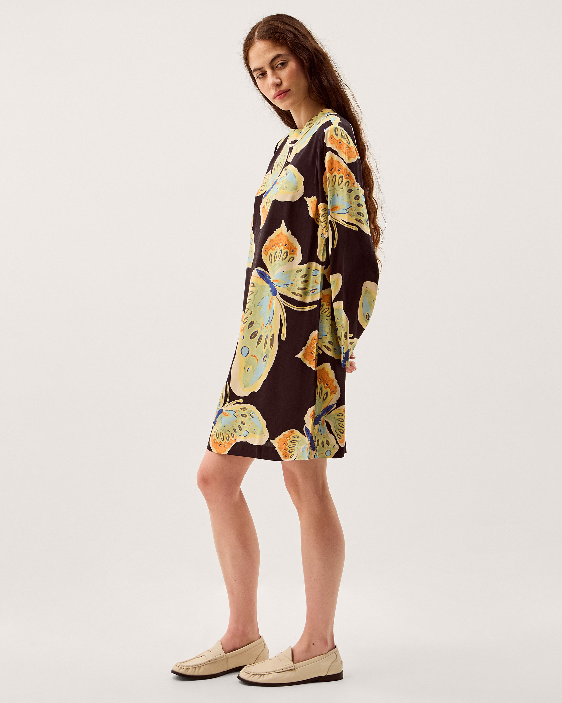 Monsoon Clemence Women's Black & Green Butterfly Motif Aurelie Mini Tunic Dress, view 5