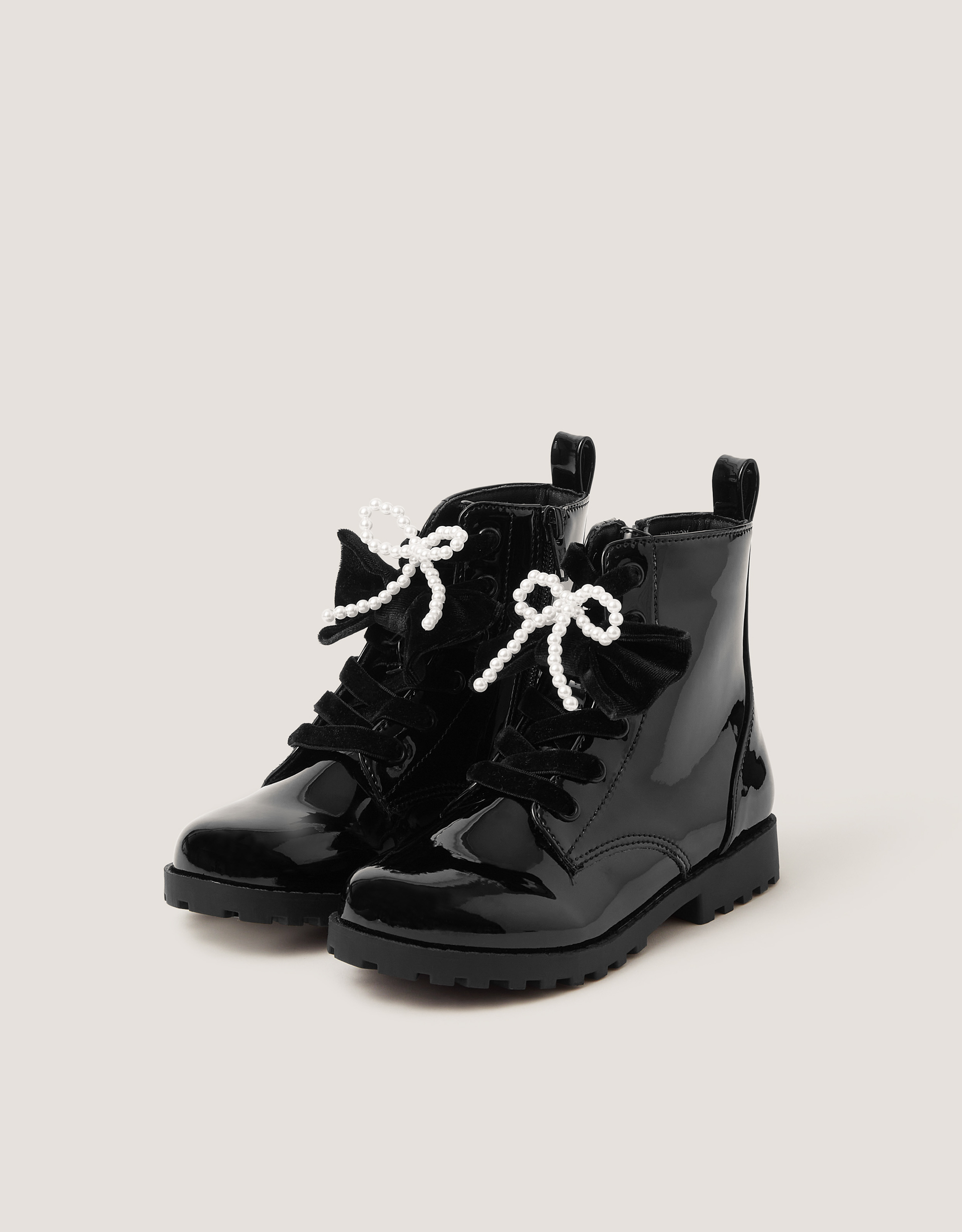 Monsoon Bow Patent Lace-Up Boots in Black