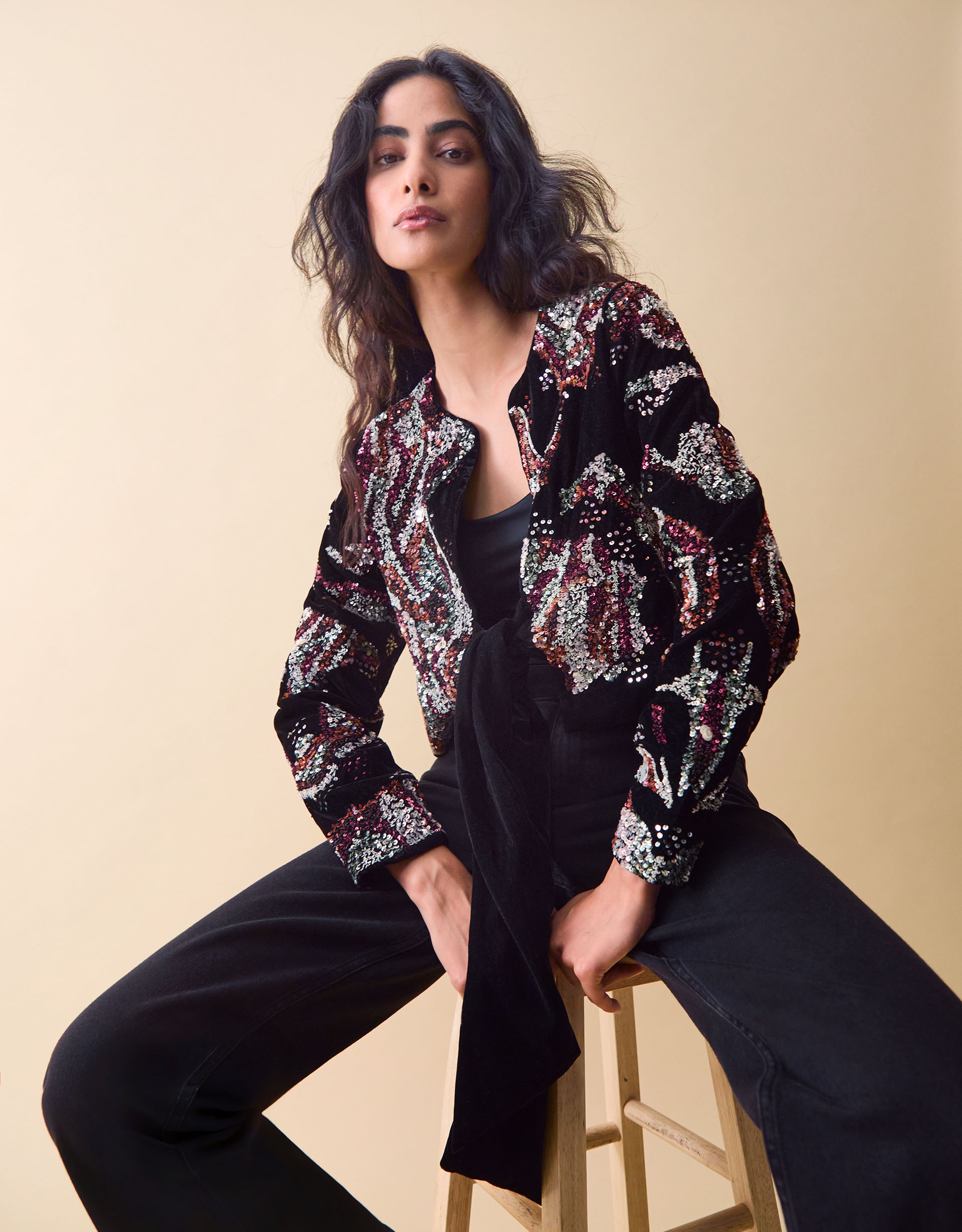 Monsoon Clemence Rosalie Cropped Sequin Velvet Jacket, view 4