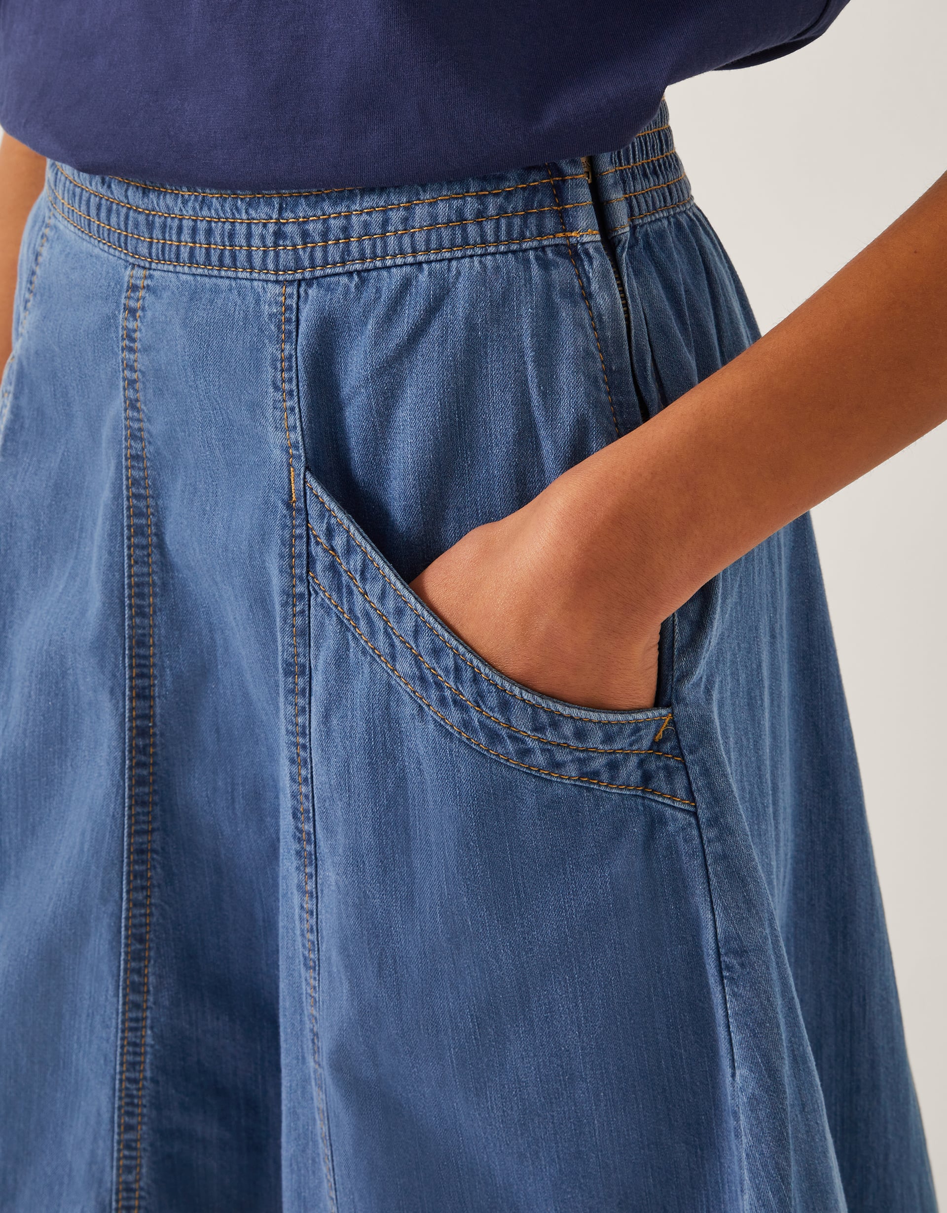 Monsoon Harper Seamed Denim Midi Skirt, view 2