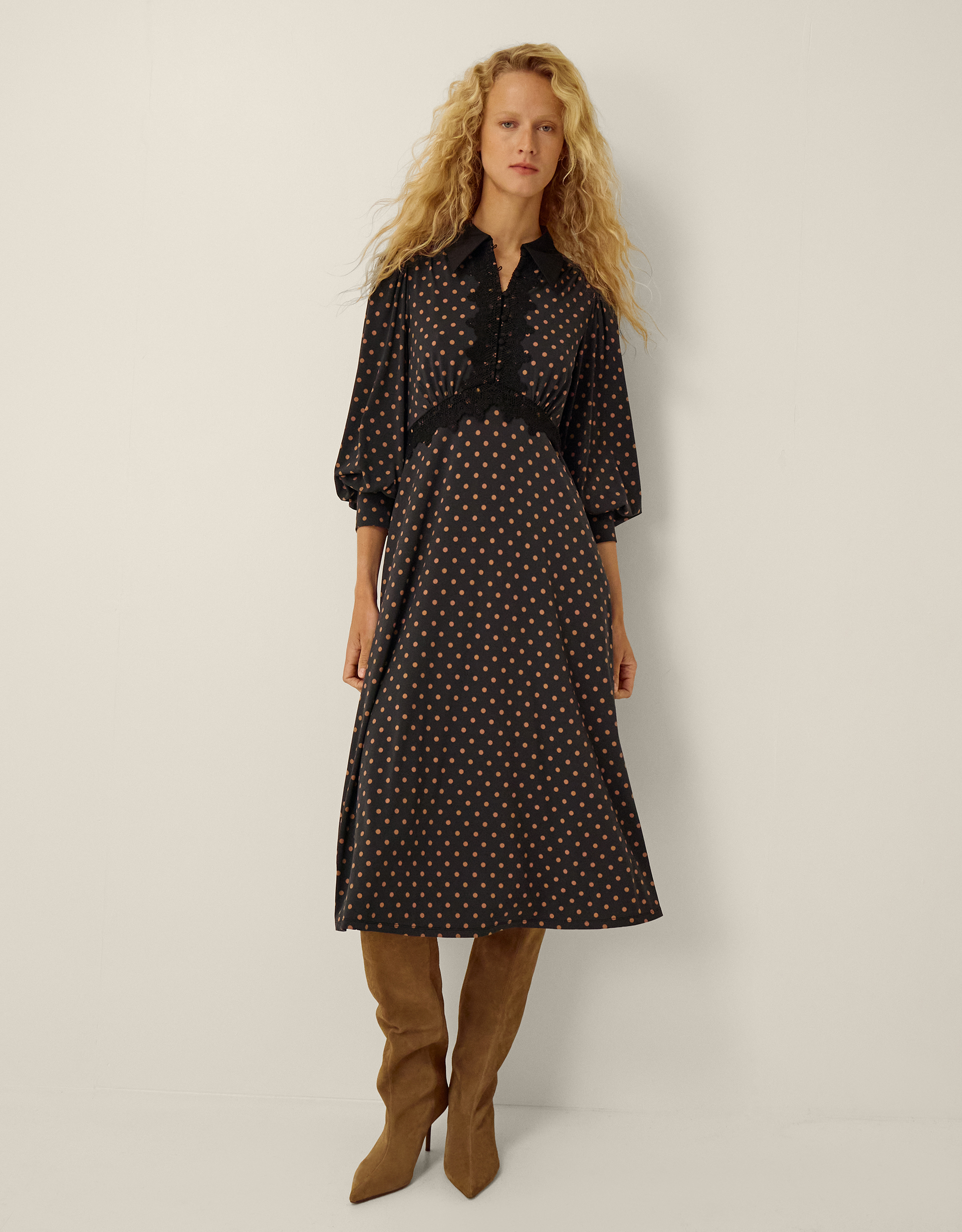 Monsoon Sally Lace Polka Dot Jersey Midi Dress