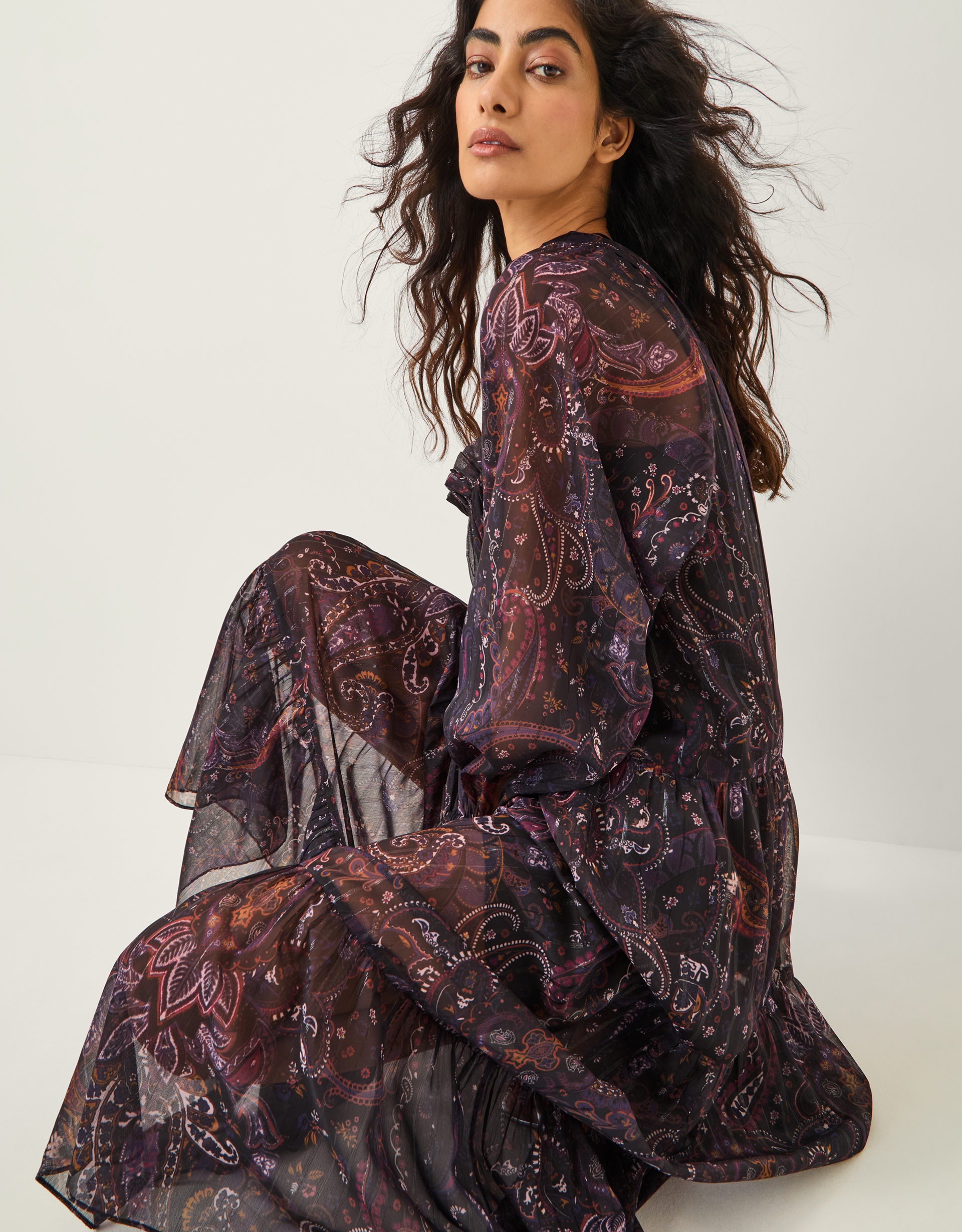 Monsoon Marianna Paisley Print Tiered Midi Dress, view 3