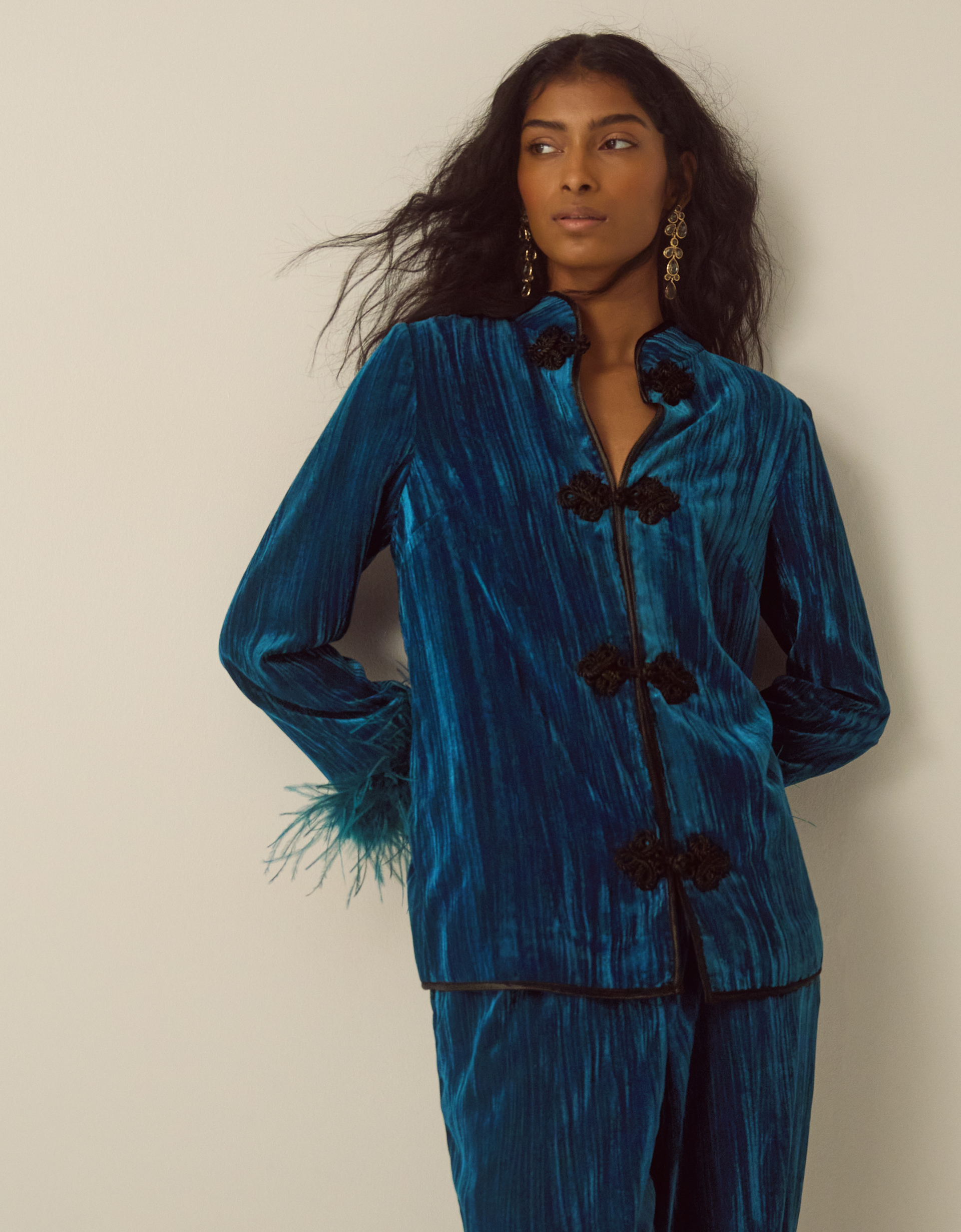 Monsoon Quinn Frogging Faux Feather Velvet Jacket