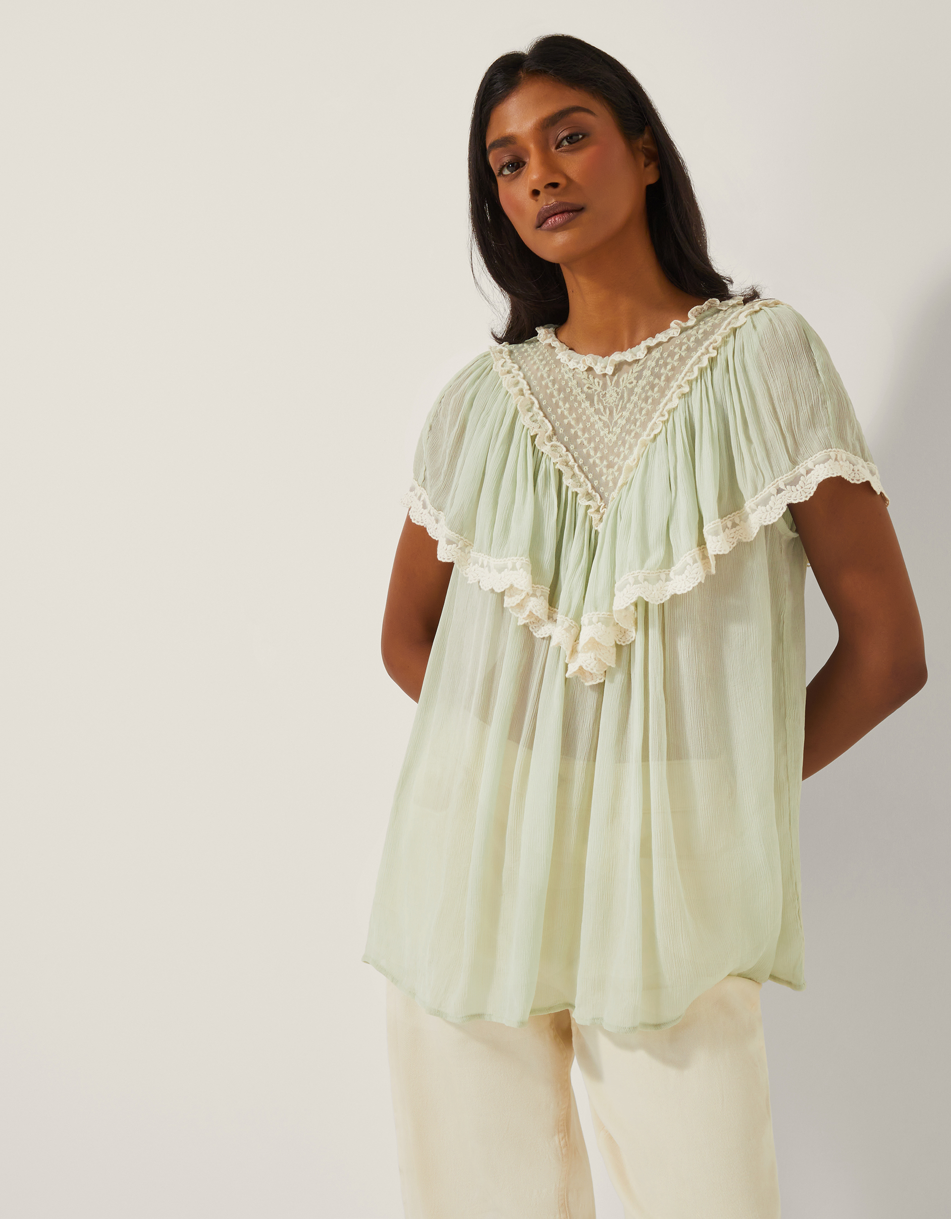 Monsoon Maria Sheer Lace Ruffle Top