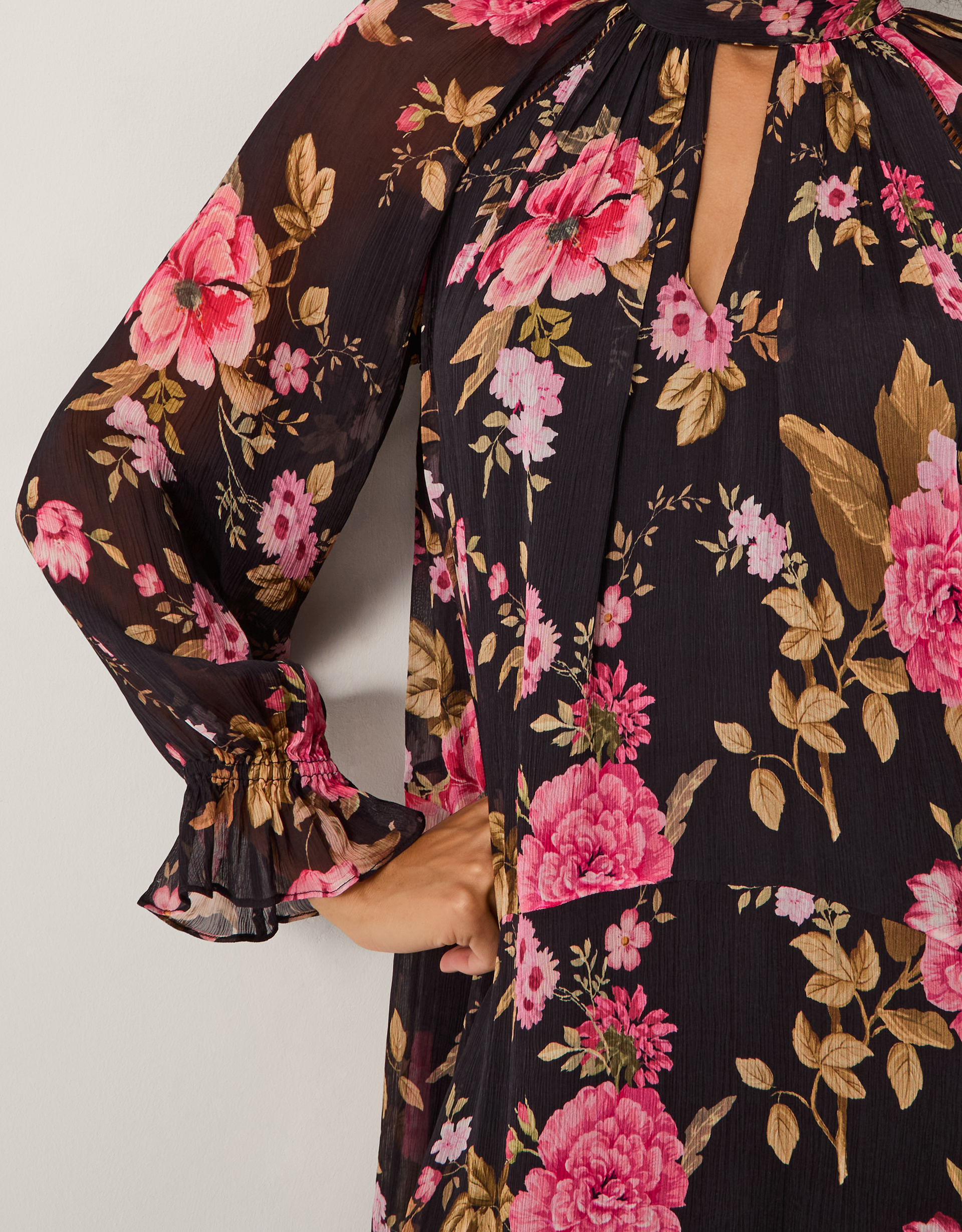Monsoon Black & Pink Floral Print Mariel Trapeze Midi Dress, view 2