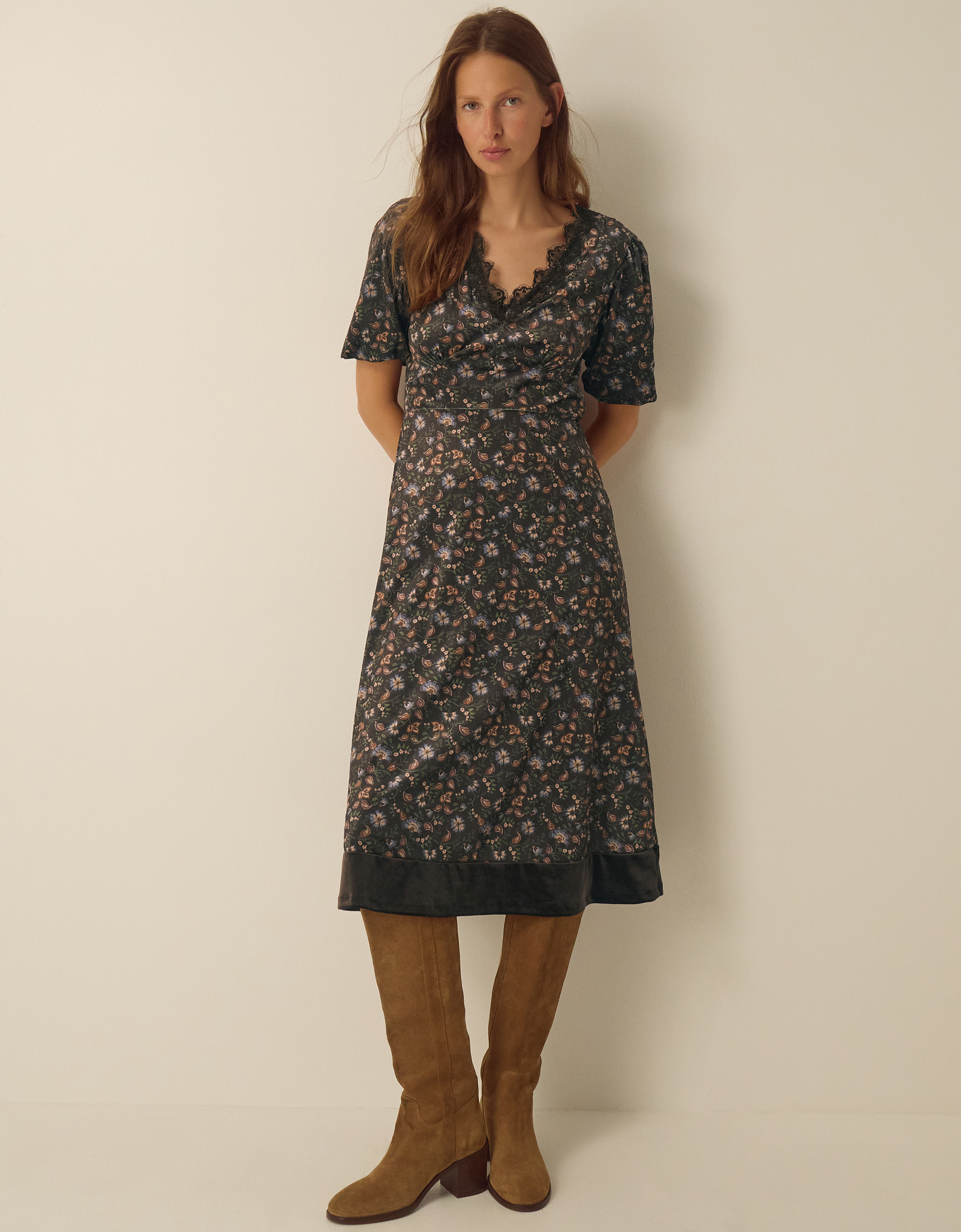 Monsoon Carly V-Neck Floral Print Velvet Midi Dress