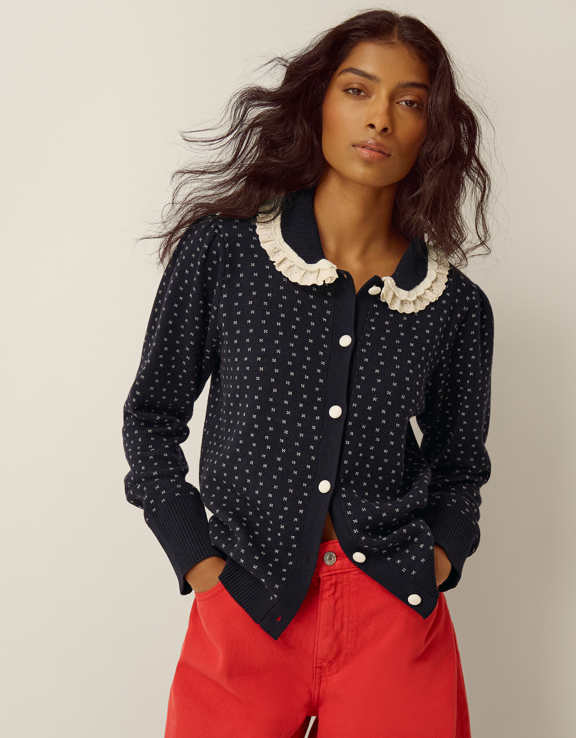 Monsoon Camila Broderie Collar Cardigan in blue