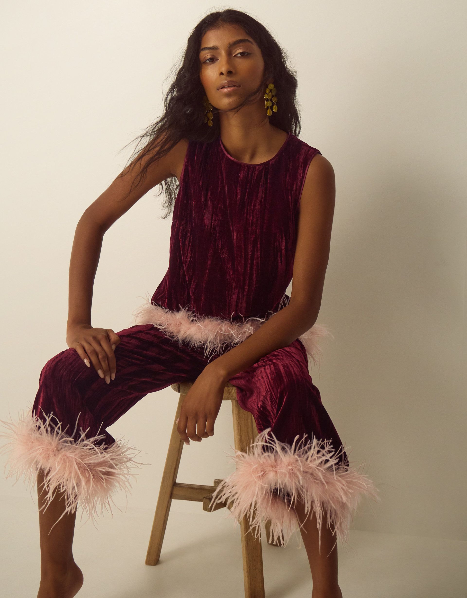 Monsoon Emma Faux Feather Cropped Velvet Trousers, view 5