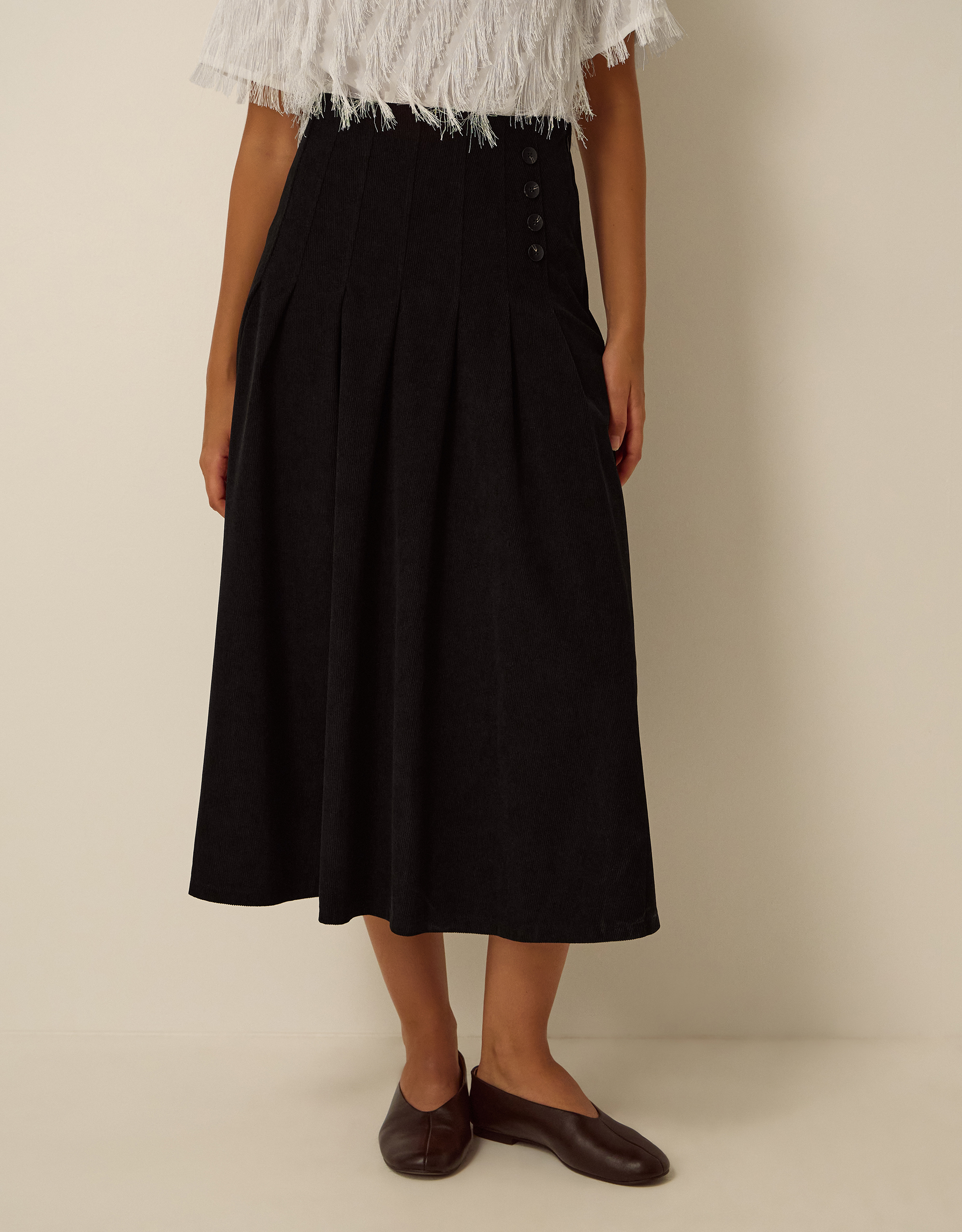 Monsoon Sonja Pleated Corduroy Midi Skirt in Black, view 4