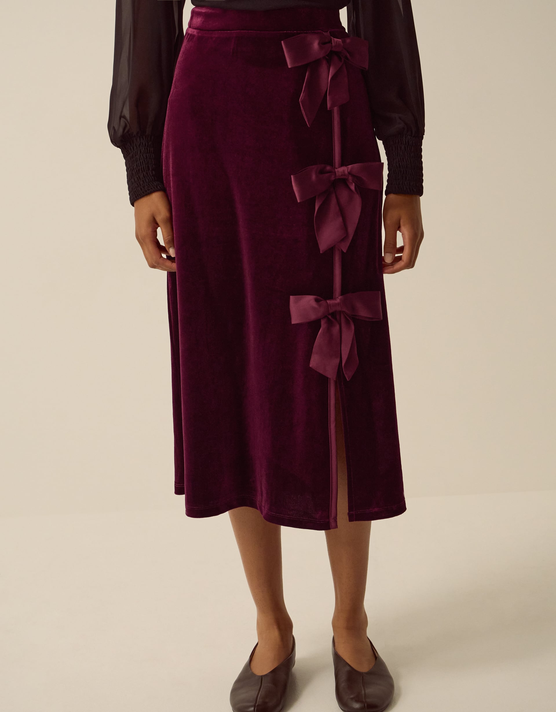 Monsoon Buffy Bow Velvet Midi Skirt, view 2