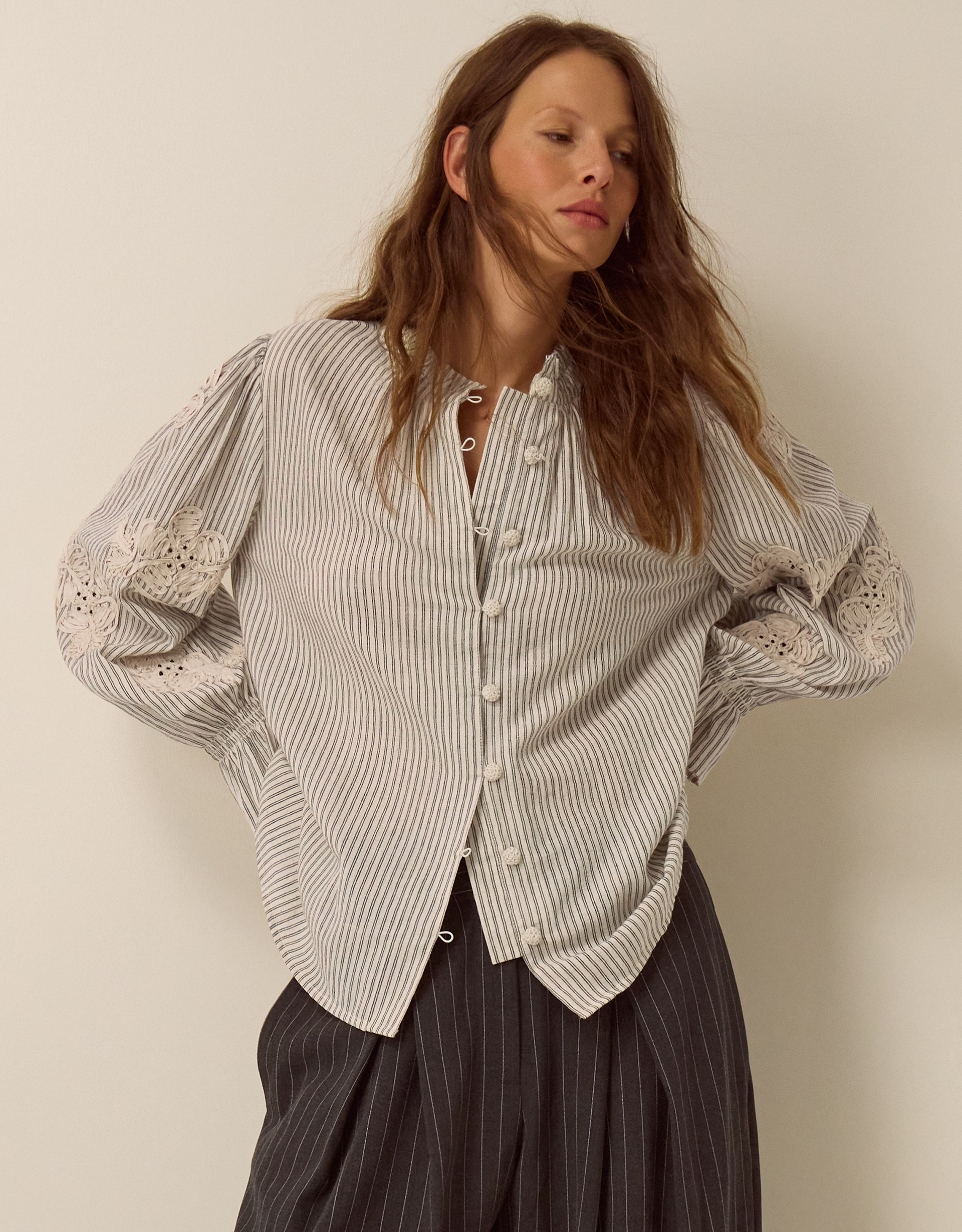 Monsoon Iris Cornelli Embroidered Stripe Shirt Ivory