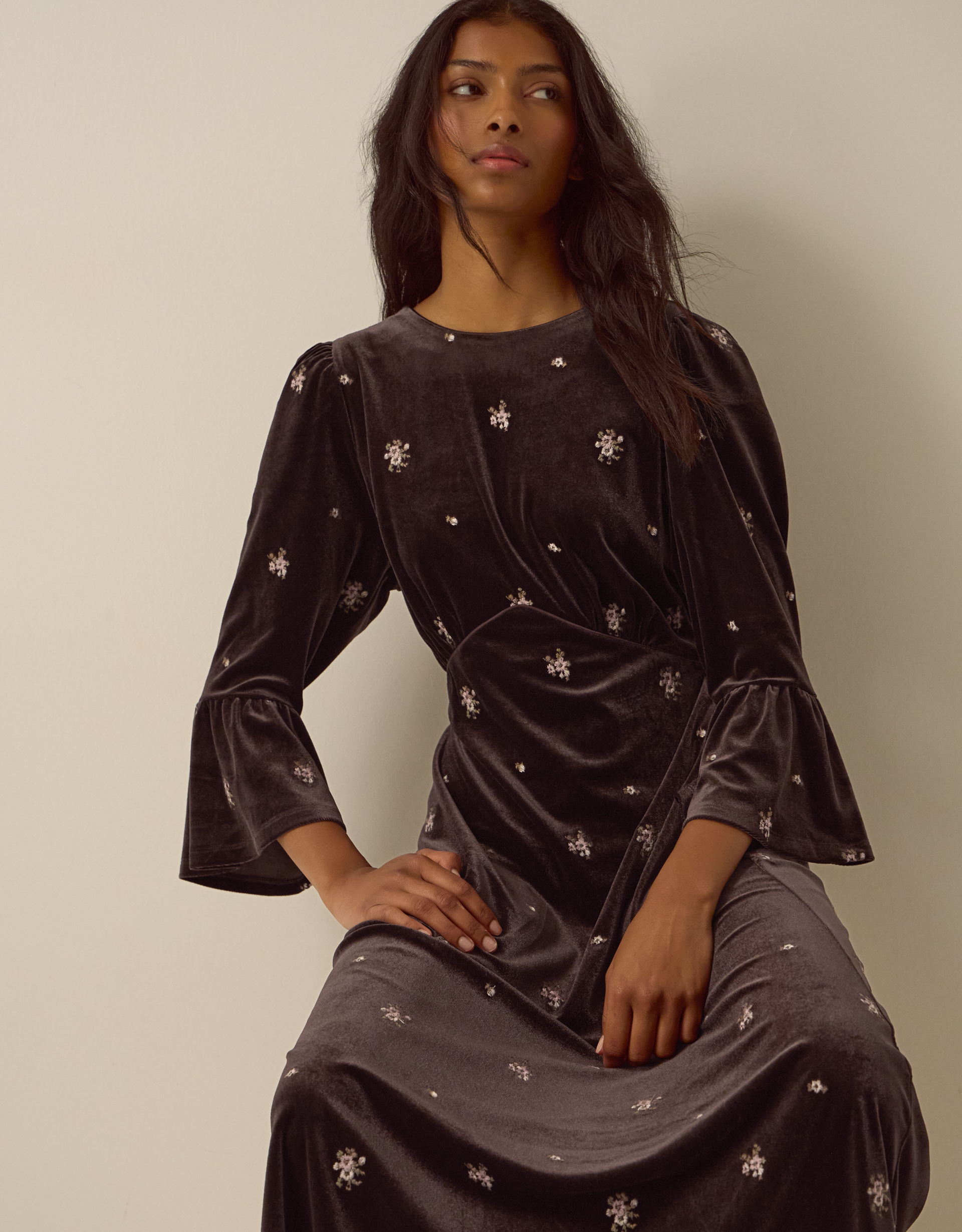 Monsoon Emilee Floral Embroidered Velvet Midi Dress, view 2