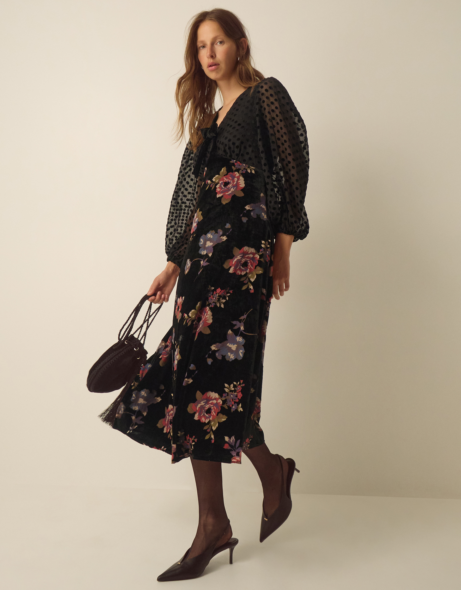 Monsoon Abril V-Neck Floral Devoré Velvet Midi Dress, view 5