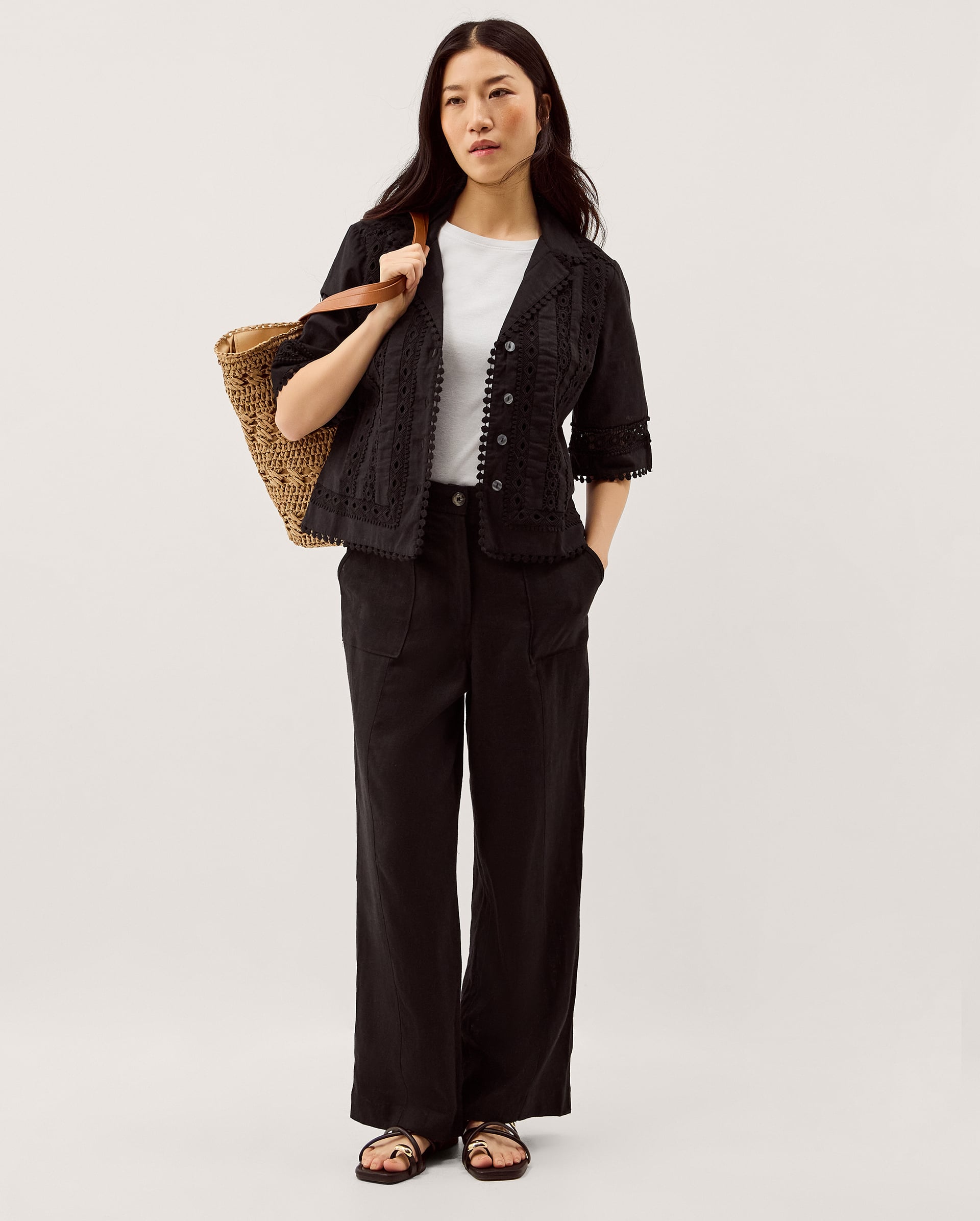 Monsoon Jolie Straight Linen Blend Trousers in black