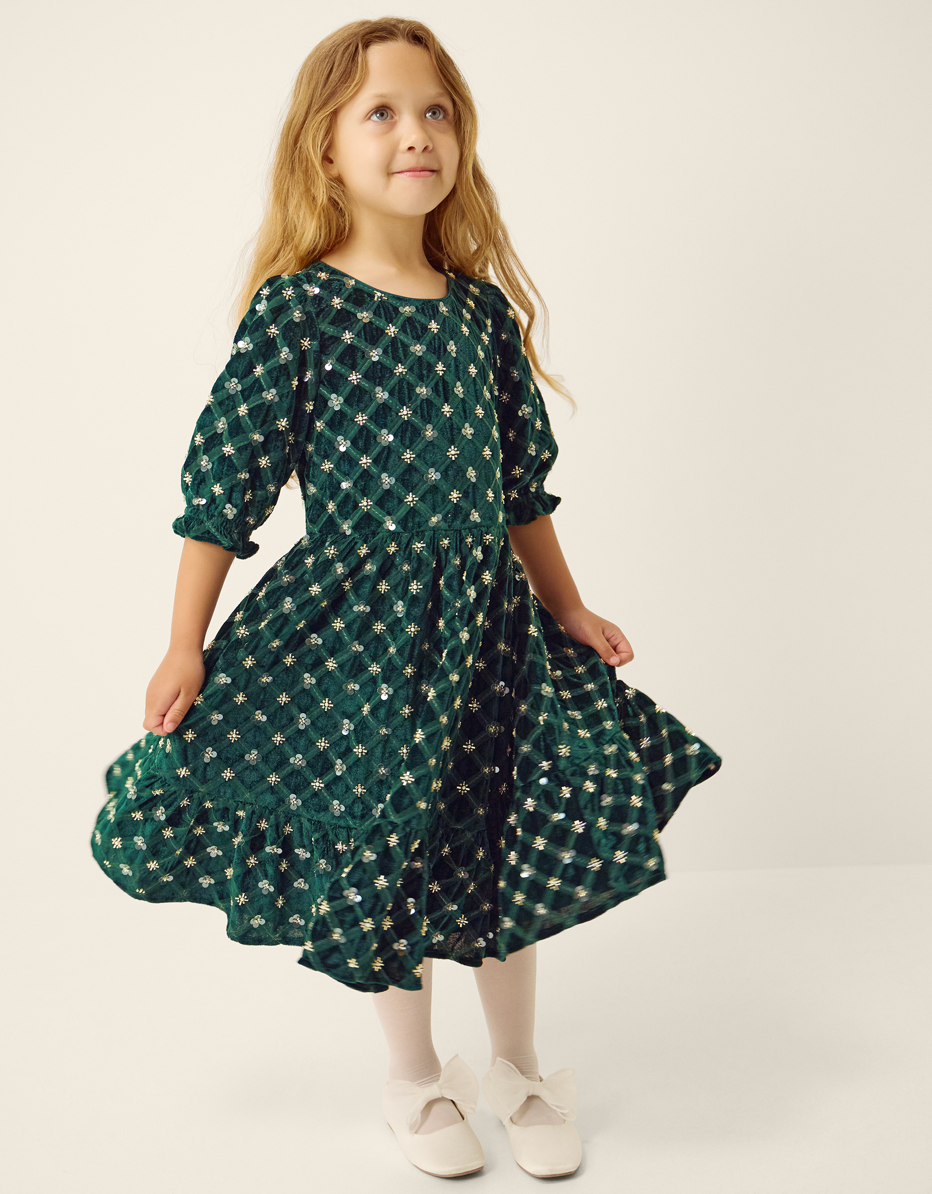 Monsoon Girls Dark Green Floral Embellished Gracie Velvet Party Dress, Size: 14-15 Years
