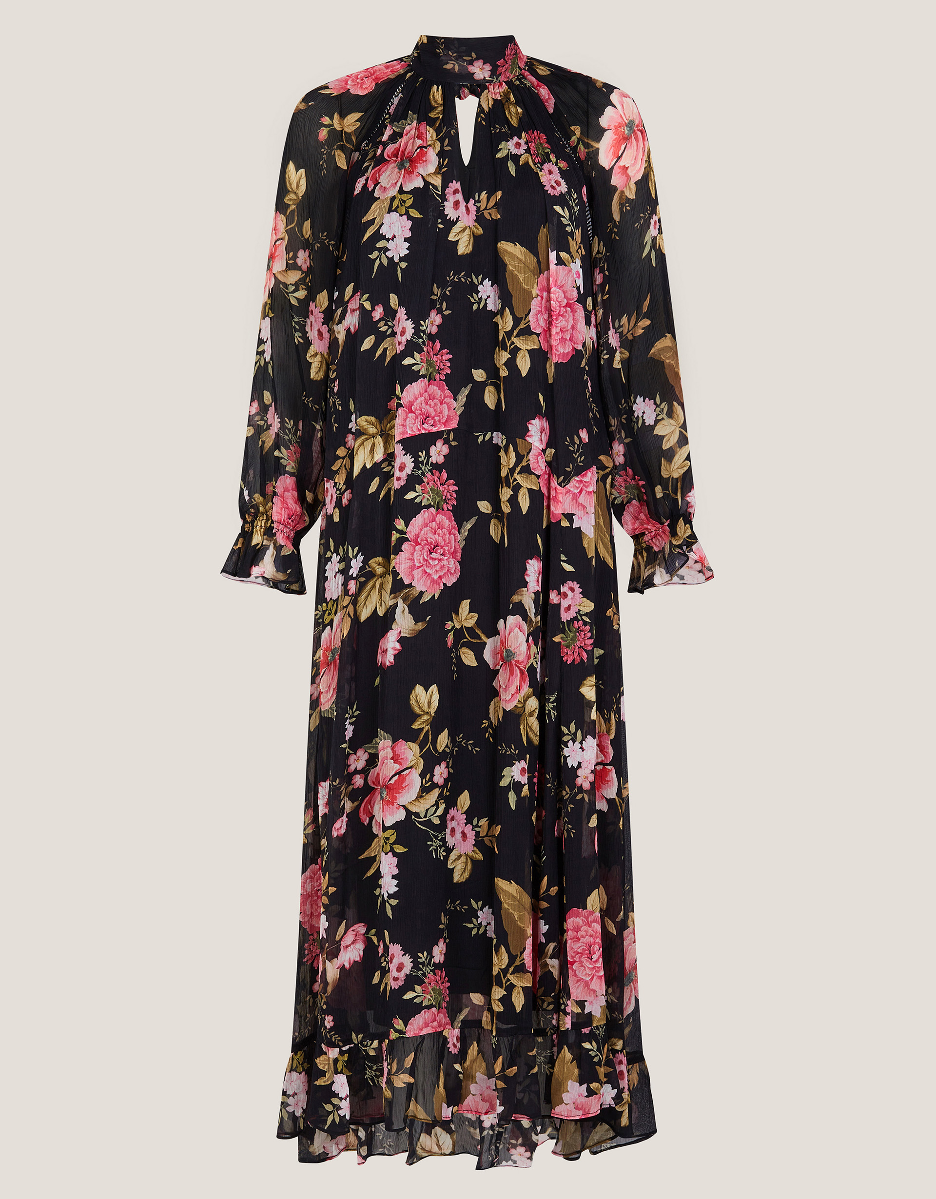 Monsoon Black & Pink Floral Print Mariel Trapeze Midi Dress, view 6